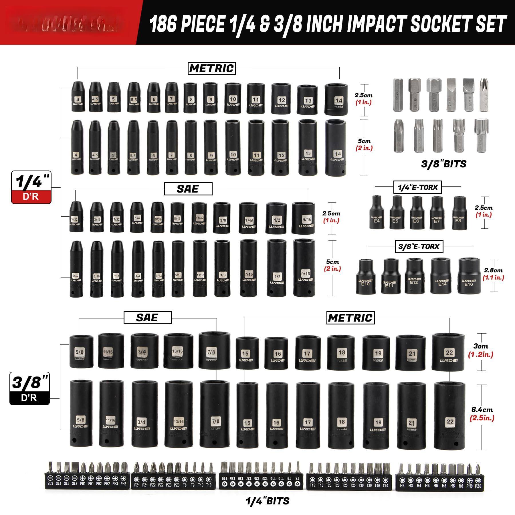 186 PIECE 1/4 & 3/8 INCH IMPACT SOCKET SET

METRIC
- 4, 5, 6, 7, 8, 9, 10, 11, 12, 13, 14, 15, 16, 17, 18, 19, 21, 22
- 2.5cm (1 in.), 5cm (2 in.), 3cm (1.2 in.), 6.4cm (2.5 in.)

SAE
- 7/16, 1/2, 9/16, 5/8, 11/16, 3/4, 7/8, 15/16, 1 1/16, 1 1/8, 1 3/16, 1 1/4, 1 5/16, 1 3/8, 1 5/8, 1 7/8, 2 1/8, 2 1/4, 2 3/