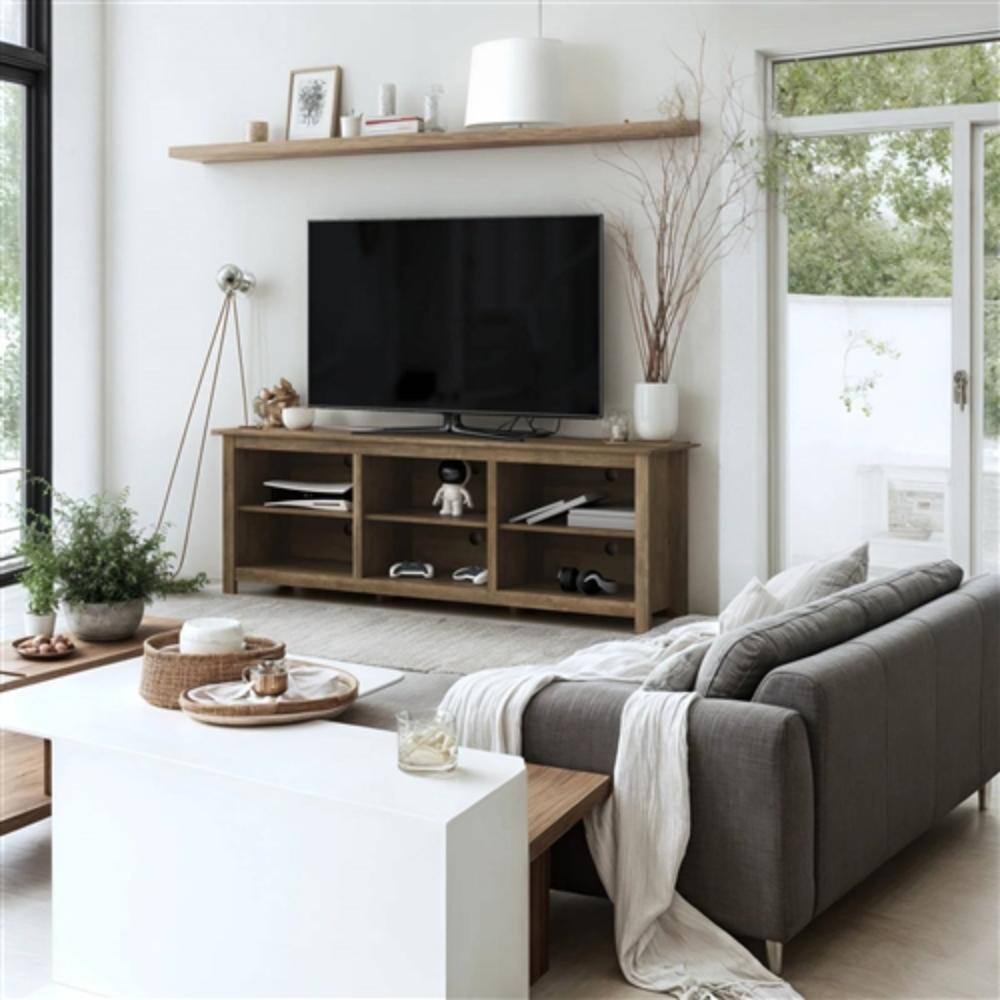 Back. Hivvago - Farmhouse Style TV Stand with 6 Storage Compartments in Brown Oak Wood Finish - Brown Oak.