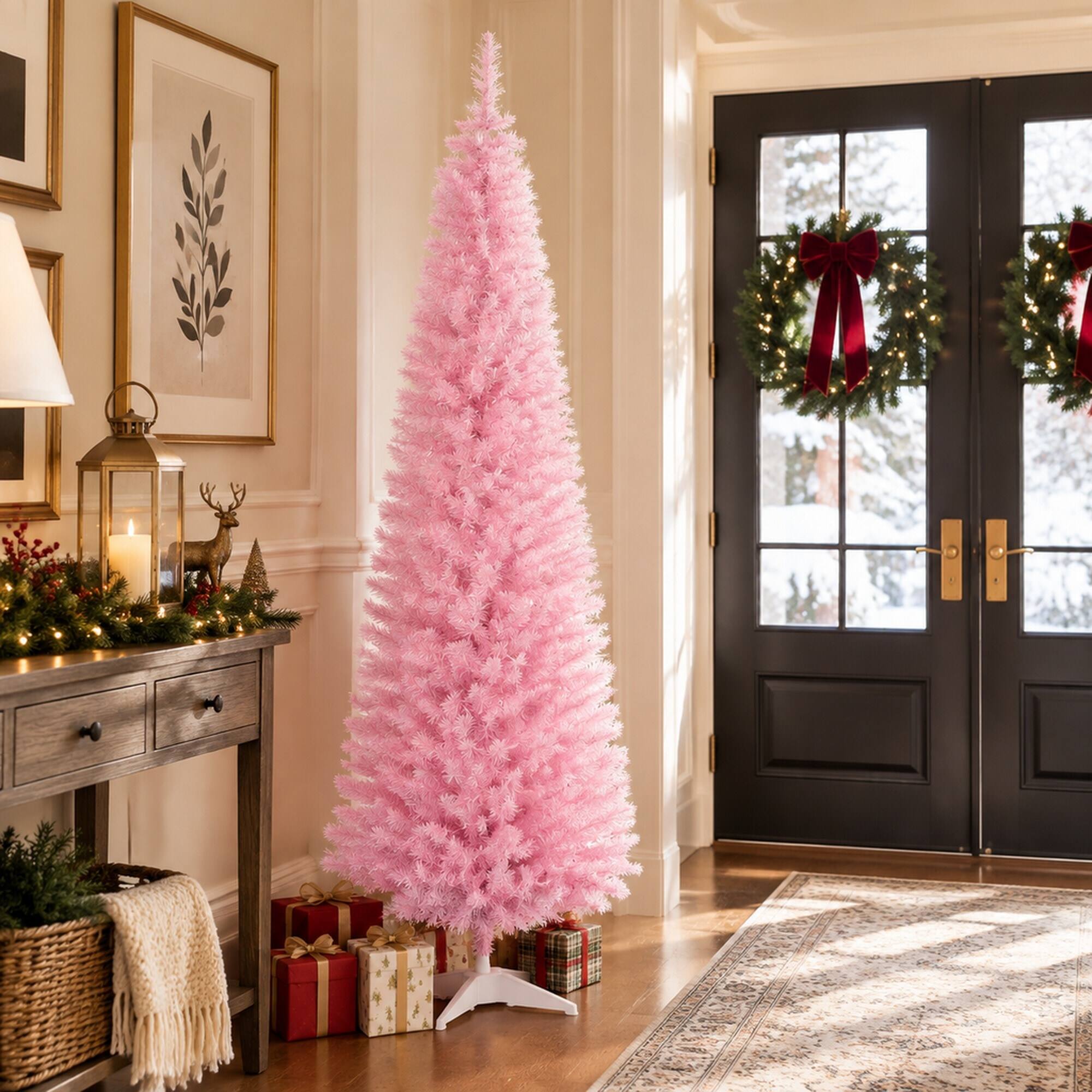 Alt View 2. RYHNUYNE - Pink Pencil Christmas Tree With Snowy Tips and Chic Holiday Style - Pink.