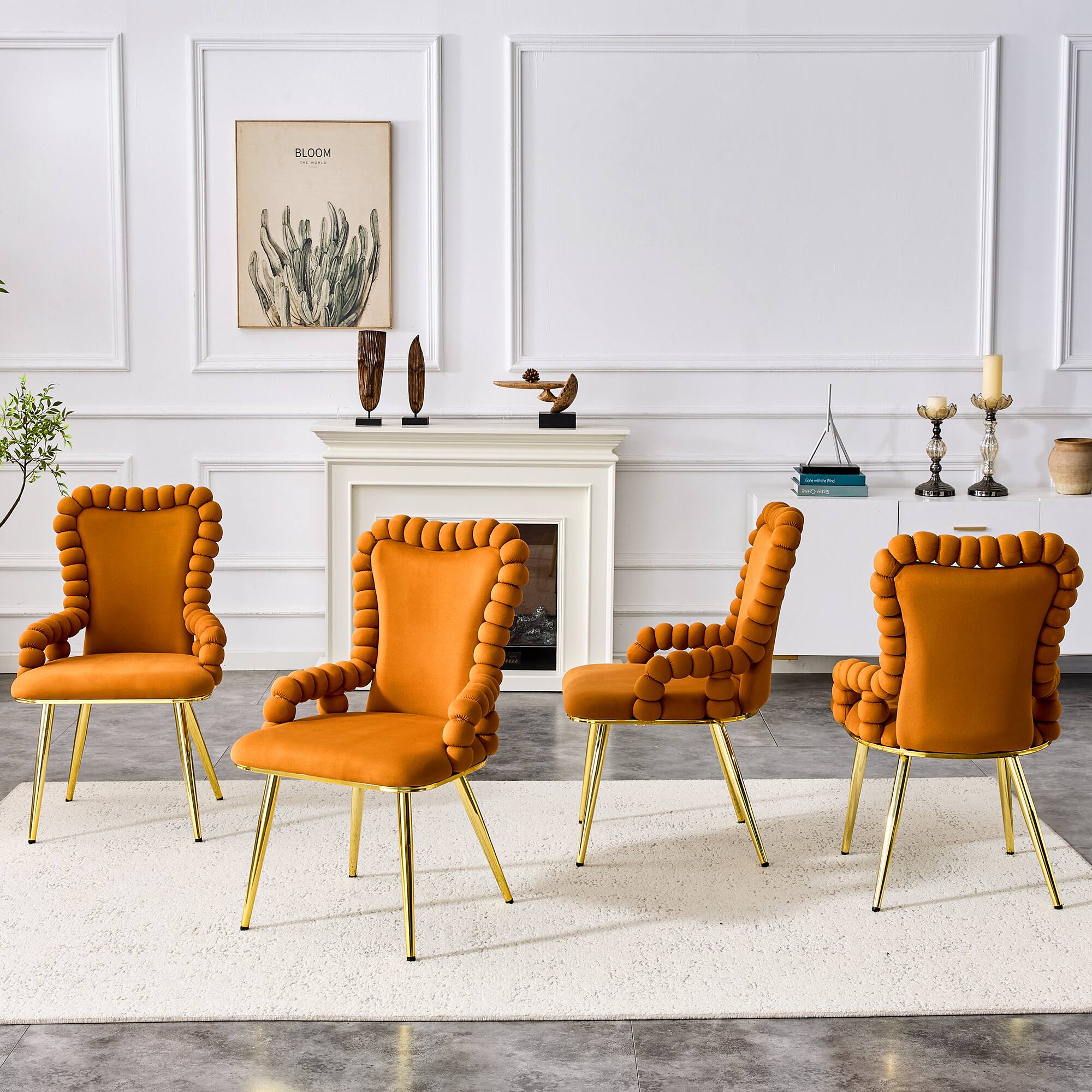 Alt View 2. Loheer - Loheer Velvet Dining Chairs Set of 2 Orange Bubble Back Accent Chairs for Dining Room Kitchen, Gold Legs, 1.8 ft - Gold,Orange.