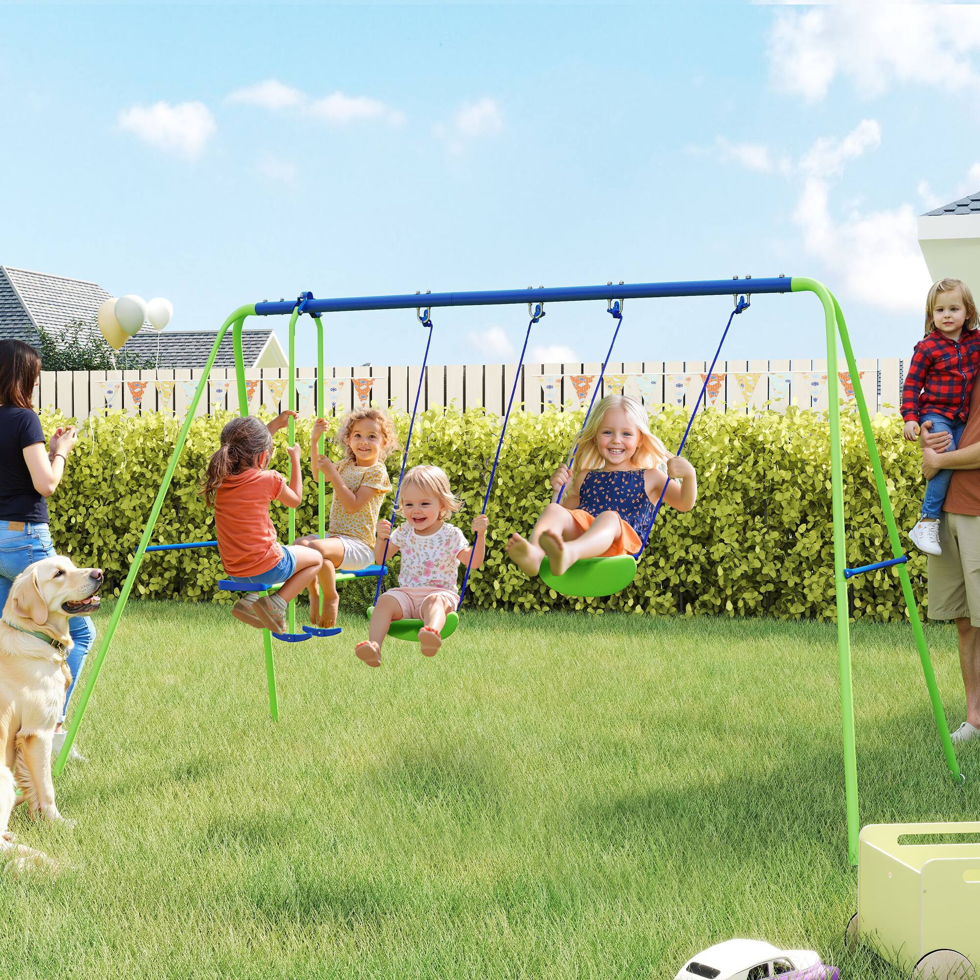 Angle. Outsunny - Metal Swing Set, Glider, Two Swing Seats, Adjustable Height, Outdoor Heavy Duty A-Frame, Playground, Backyard.
