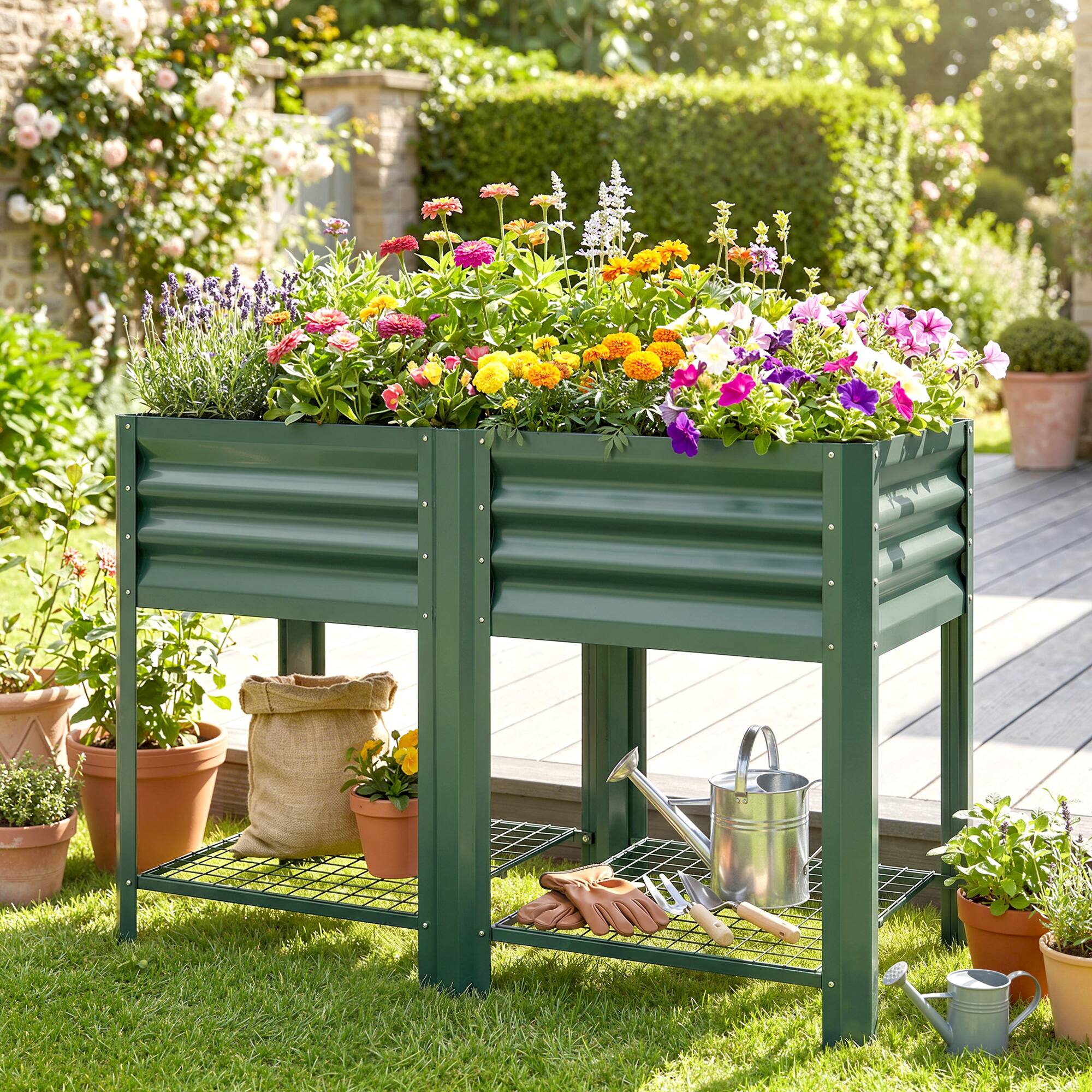 Alt View 1. Outsunny - Garden Bed Galvanized Steel, Elevated Planter Box with Storage Shelf, Bed Liner - Green.