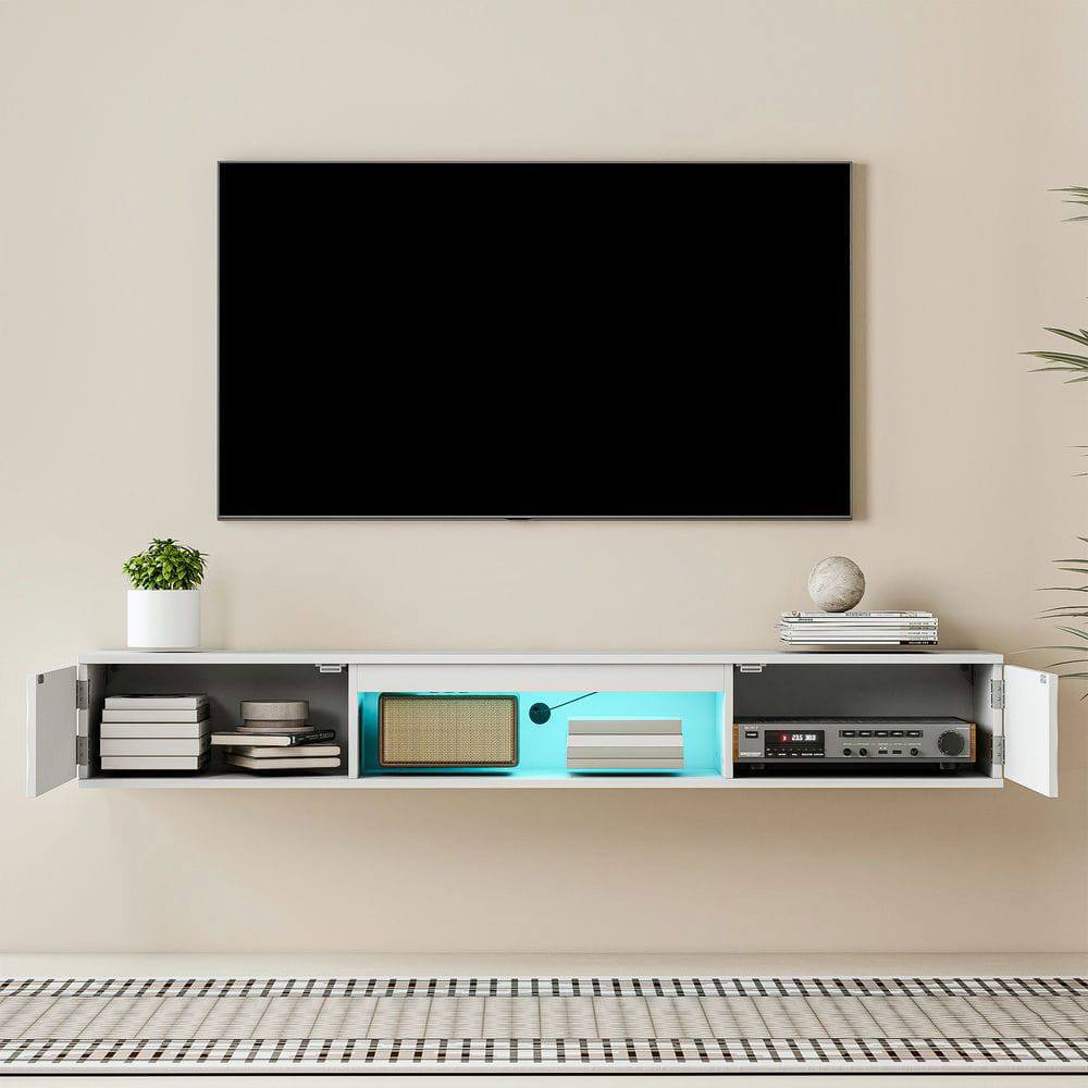 Alt View 7. Kadyn - Wall-Mounted Floating TV Stand with LED Lighting and Textured Wave  Design - White - White.