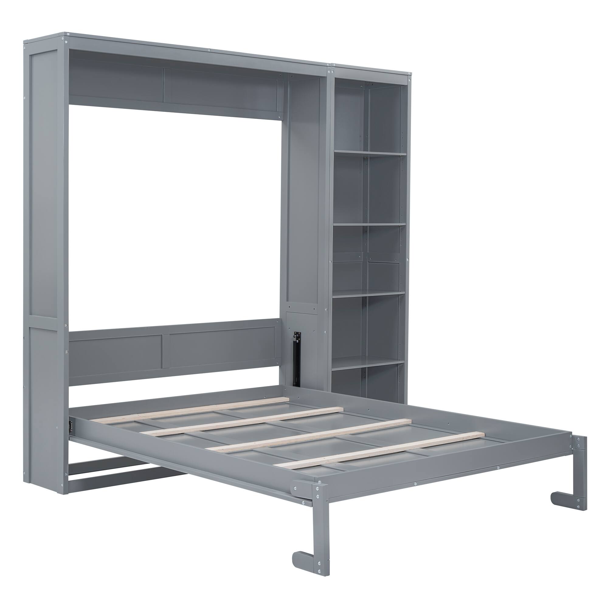 Alt View 4. Tiramisubest - Queen Size Gray Murphy Wall Bed with Shelves, Solid Wood + MDF, Space-Saving - Gray.