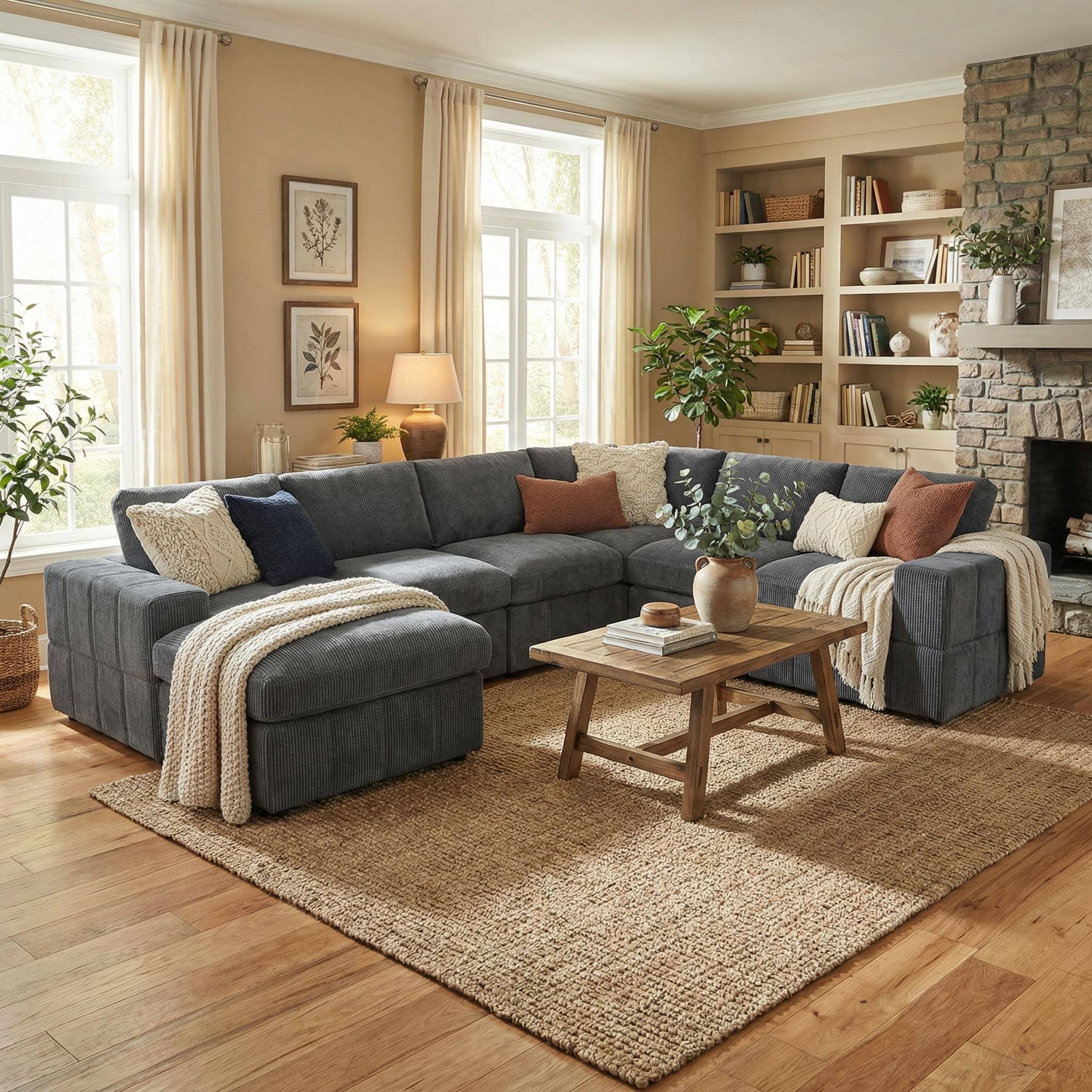 Alt View 3. Boyel Living - Living Room Corduroy Modular Sectional Sofa Large U Shaped 7 Piece Set with Storage Ottoman - Charcoal Gray.