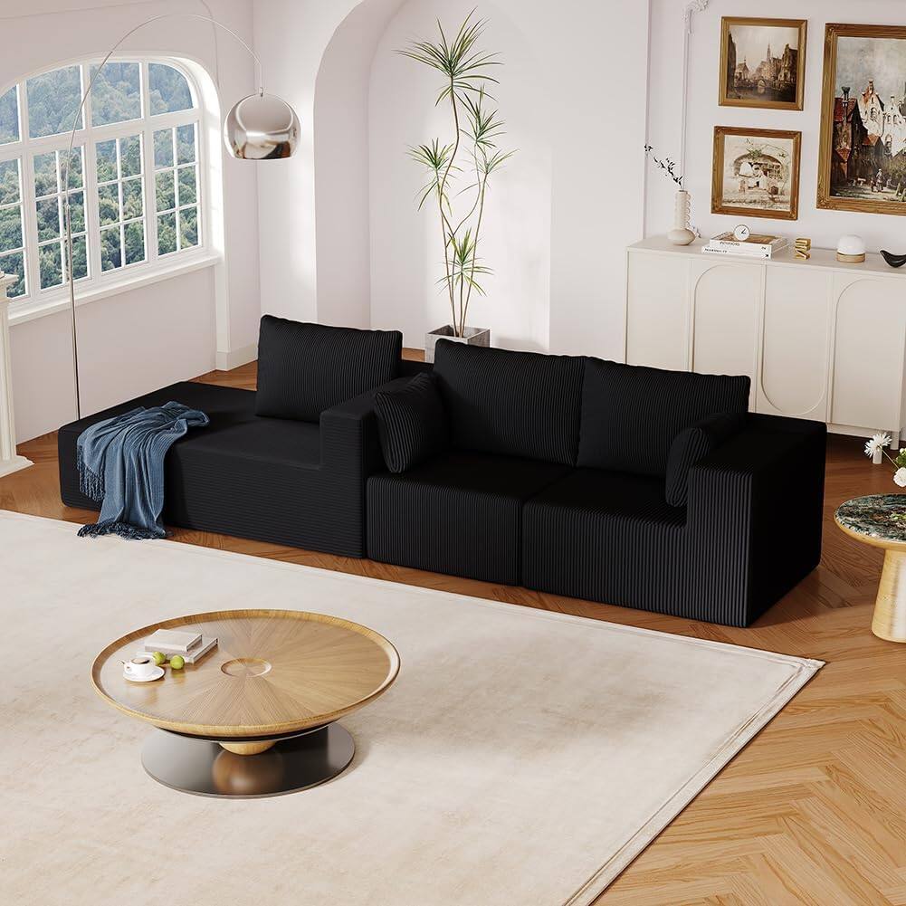 Alt View 3. Trinkets Crazed - 108.3in Sectional Foam Couch, Corduroy Fabric L Shape Sofa with Chaise Lounge - black.