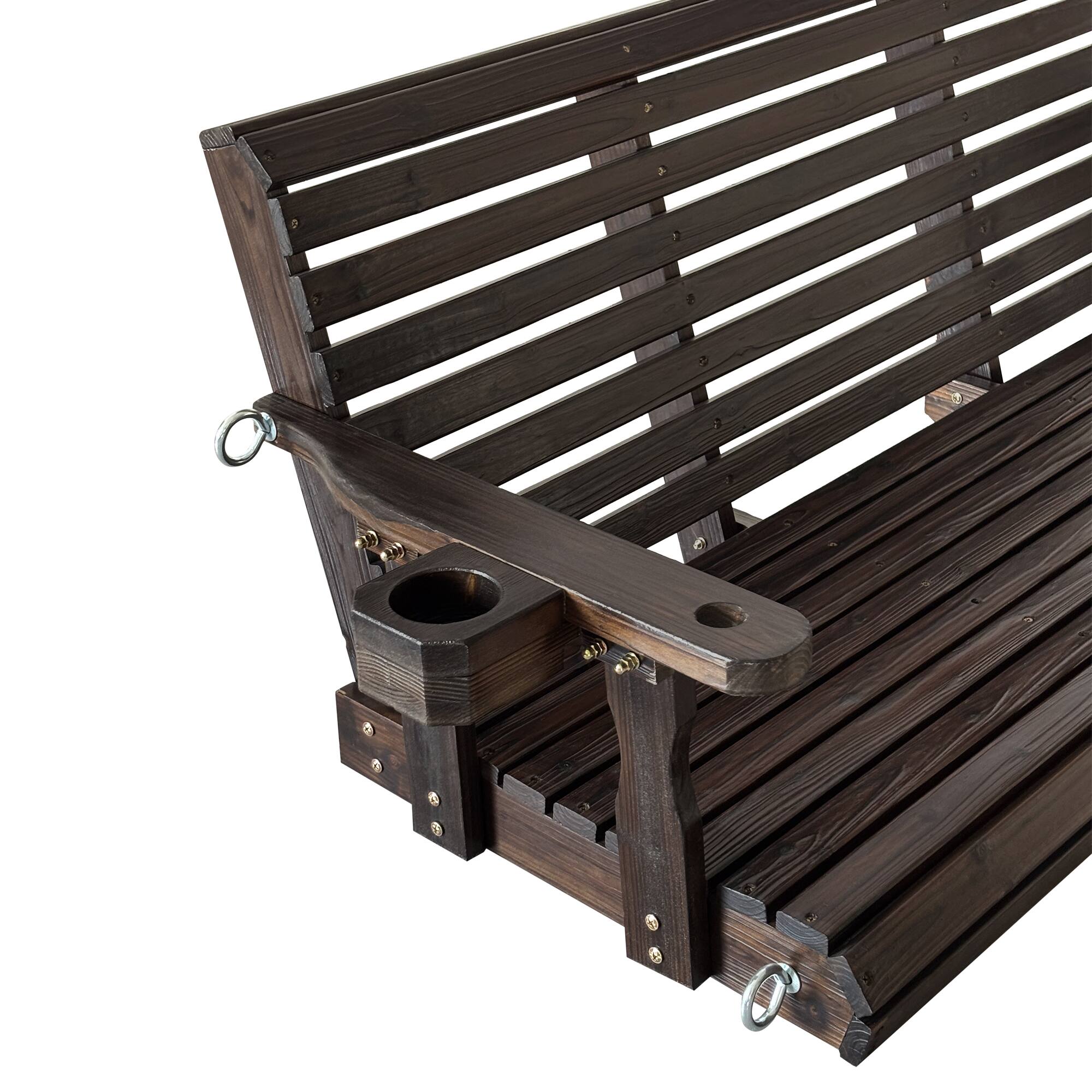 Alt View 7. Fortune Candy - Wooden 3-Seater Porch Swing w/Cupholders , High Back & Deep Seat, Chains & Springs, Heavy Duty 880lbs, 5FT - Deep Brown.