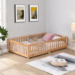 GOODSILO - Full Size Low Profile Floor Bed with Safety Fence and Entry Door for Children's Bedroom and Play Area - Natural
