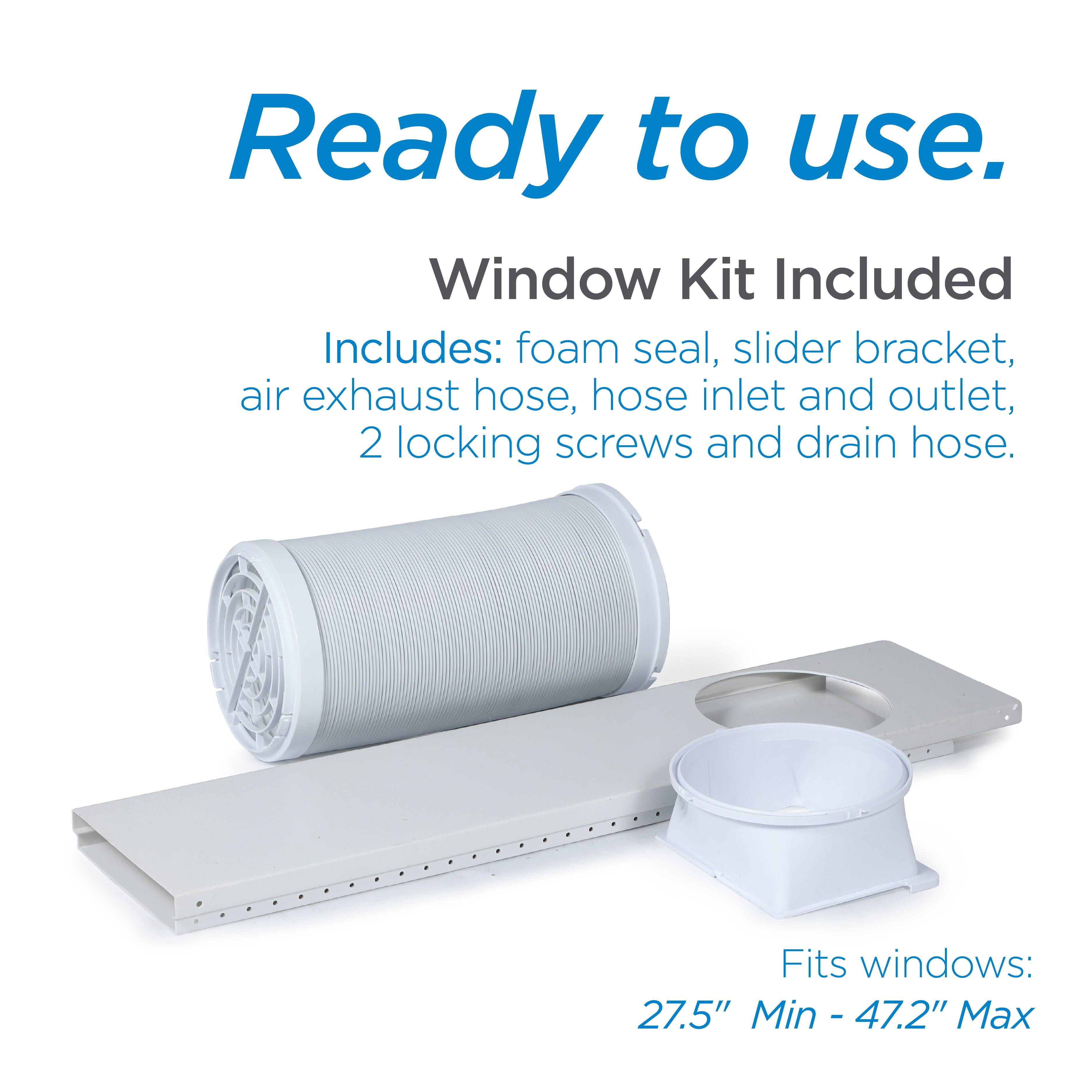 Ready to use. Window Kit Included Includes: foam seal, slider bracket, air exhaust hose, hose inlet and outlet, 2 locking screws and drain hose. Fits windows: 27.5" Min - 47.2" Max.