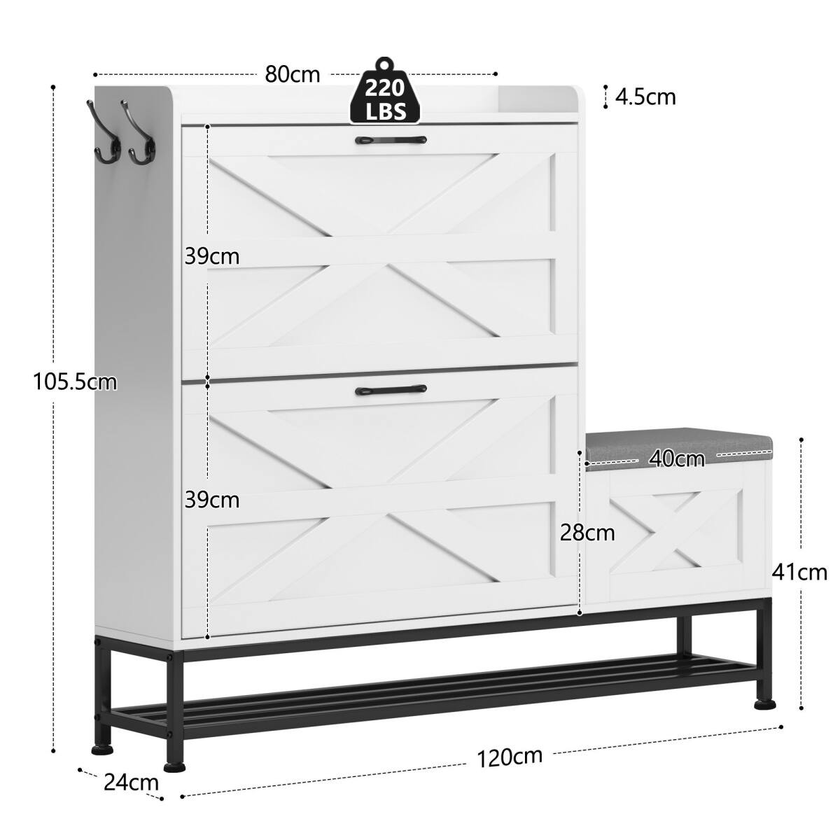 80cm  
220 LBS  
4.5cm  
39cm  
105.5cm  
40cm  
39cm  
28cm  
41cm  
24cm  
120cm