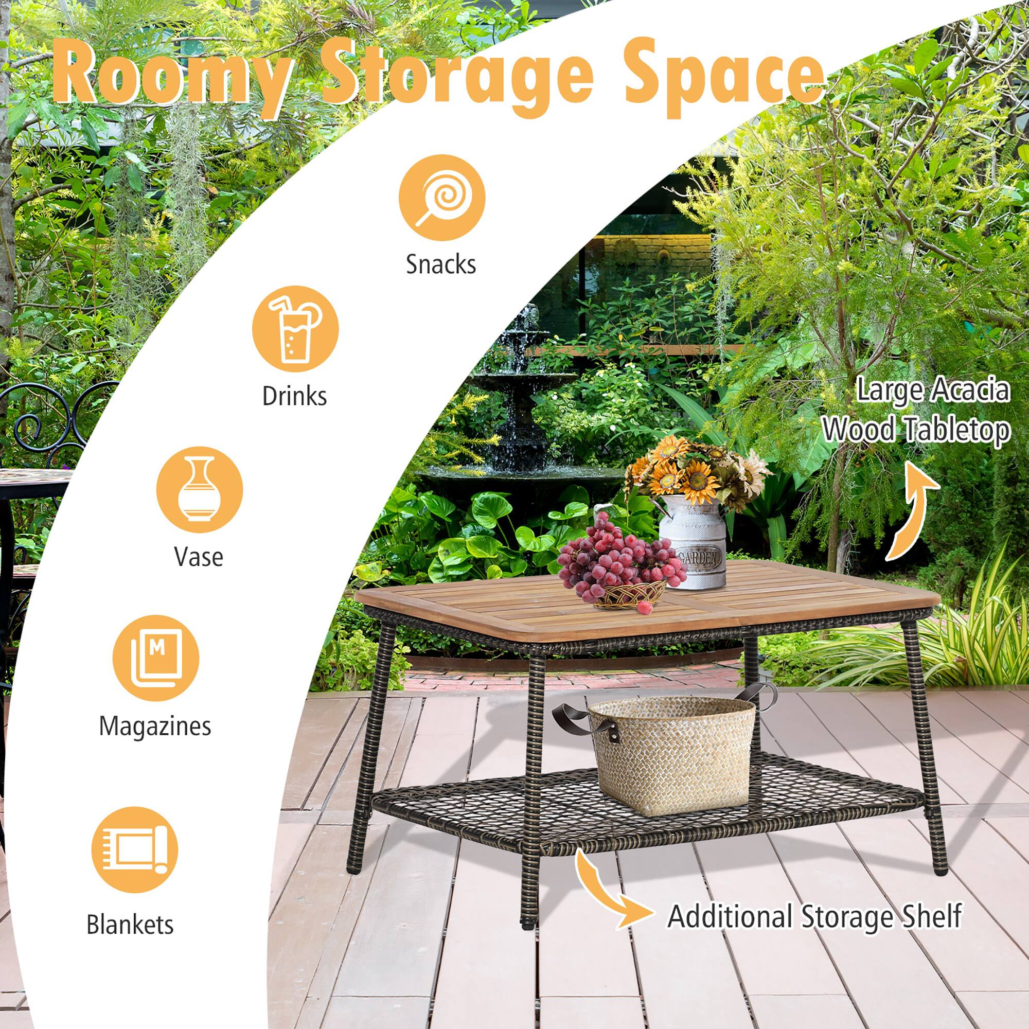 Roomy Storage Space

- Snacks
- Drinks
- Vase
- Magazines
- Blankets

Large Acacia Wood Tabletop

Additional Storage Shelf