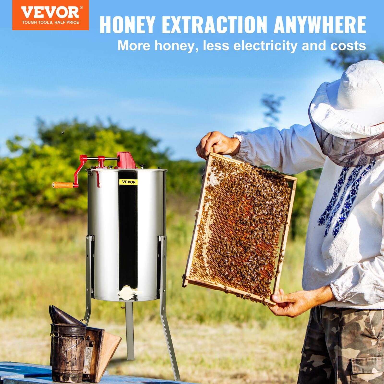 VEVOR  
TOUGH TOOLS, HALF PRICE  

HONEY EXTRACTION ANYWHERE  
More honey, less electricity and costs
