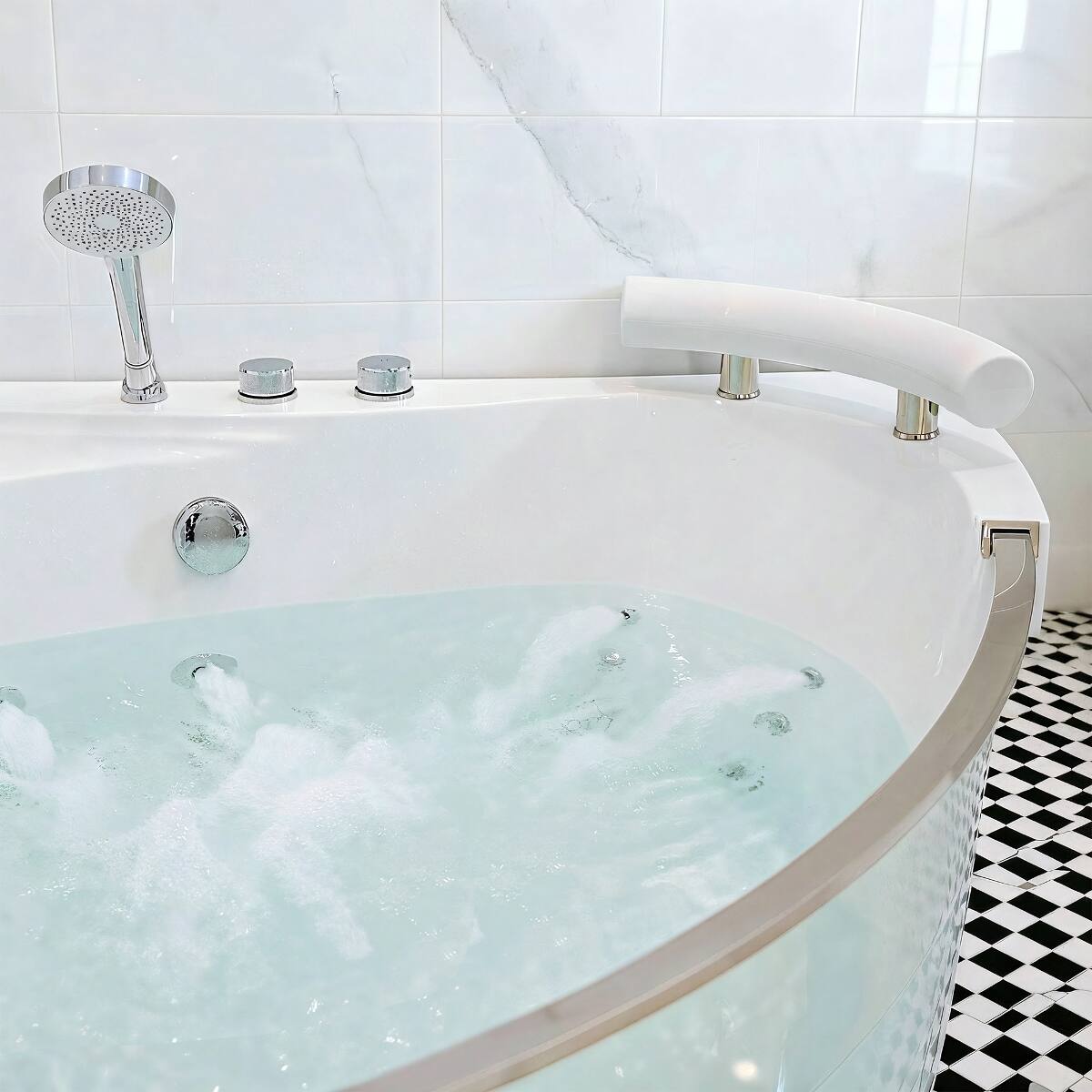 Alt View 10. Loheer - Loheer Acrylic Corner Whirlpool Bathtub for Two with Heater, 59 in Jetted Soaking Tub with Center Drain - Milk White.