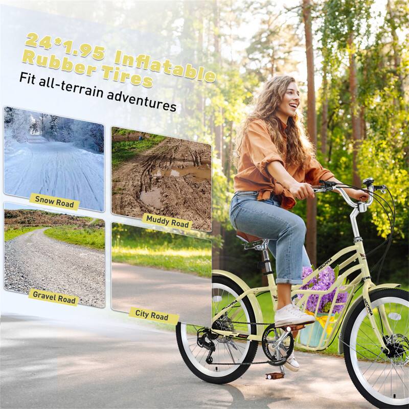 24*1.95 Inflatable Rubber Tires  
Fit all-terrain adventures  
Snow Road  
Muddy Road  
Gravel Road  
City Road