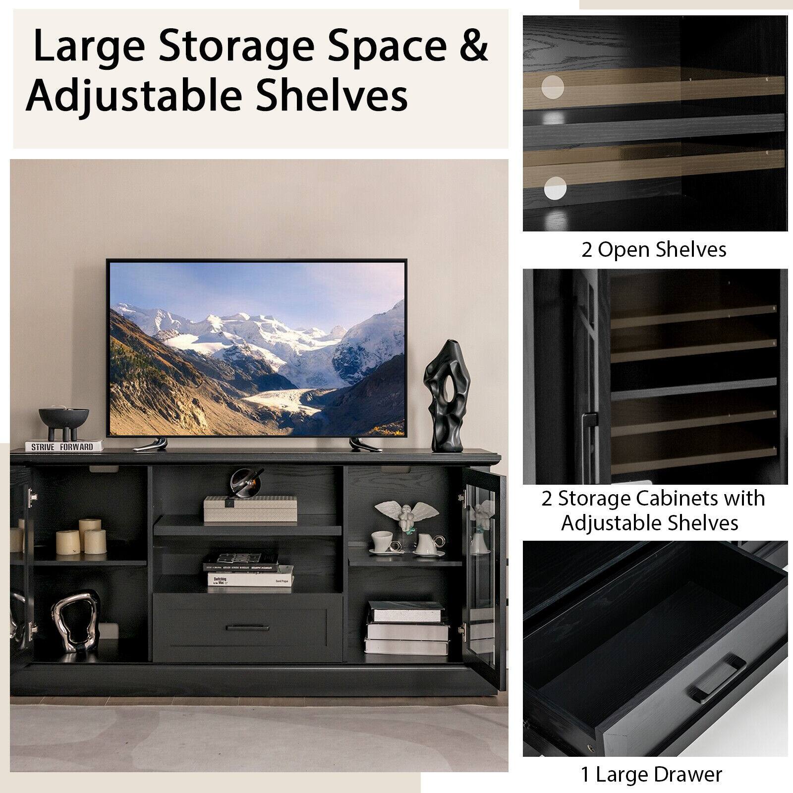Large Storage Space & Adjustable Shelves
2 Open Shelves
2 Storage Cabinets with Adjustable Shelves
1 Large Drawer