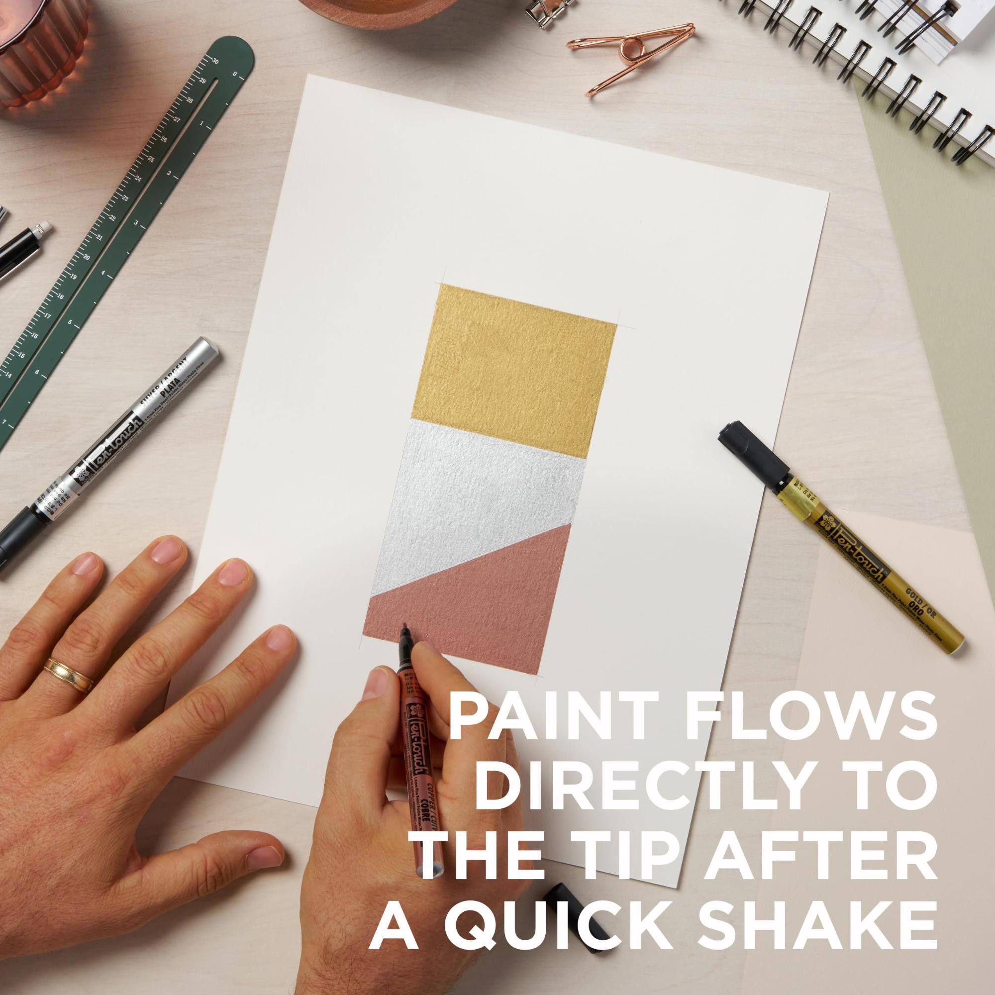 a 21

45-
I  -15 
PLATA en-Louch
Ten-touch GOLD! ORO OR
PAINT FLOWS ten-touch DIRECTLY TO COBRE THE TIP AFTER A QUICK SHAKE