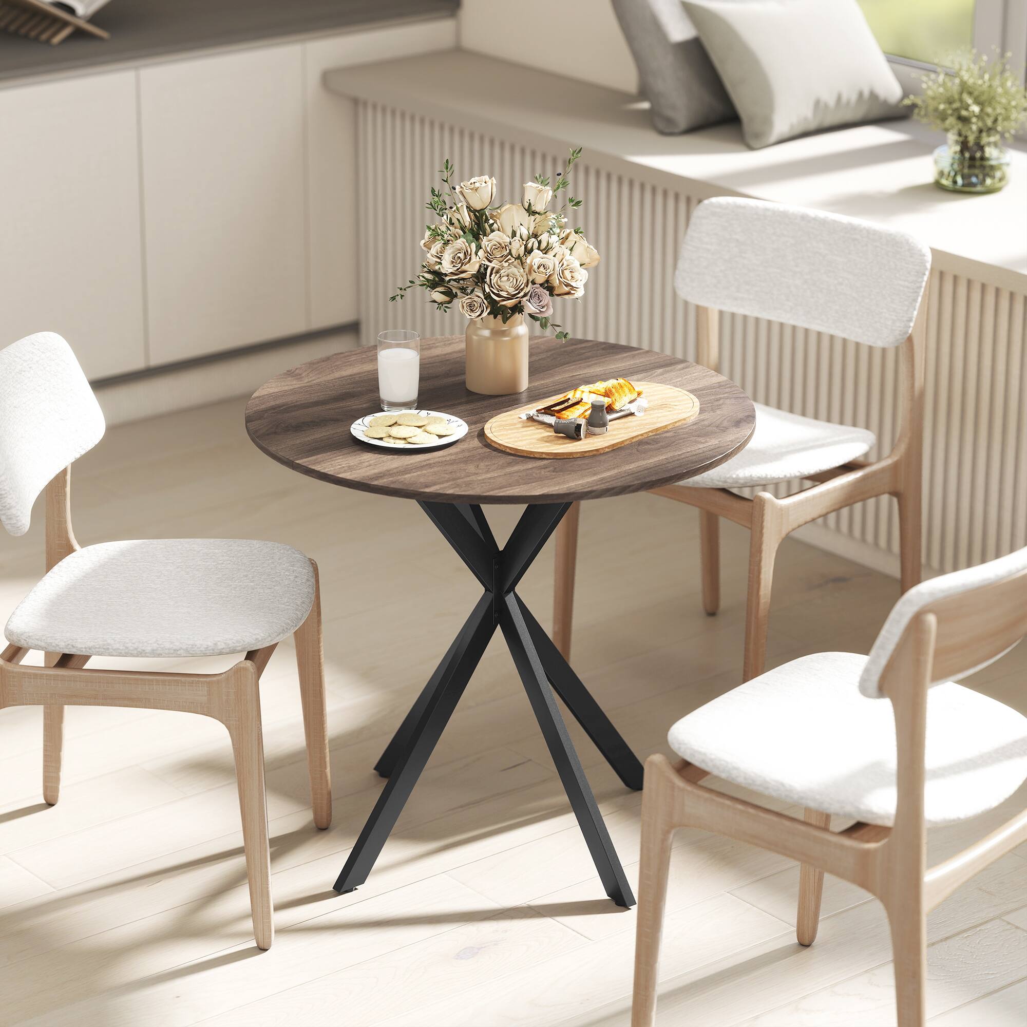 Alt View 7. Homcom - Small Round Dining Table for 2, Industrial Kitchen Table with Cross Steel Legs for Dining Room - Brown.