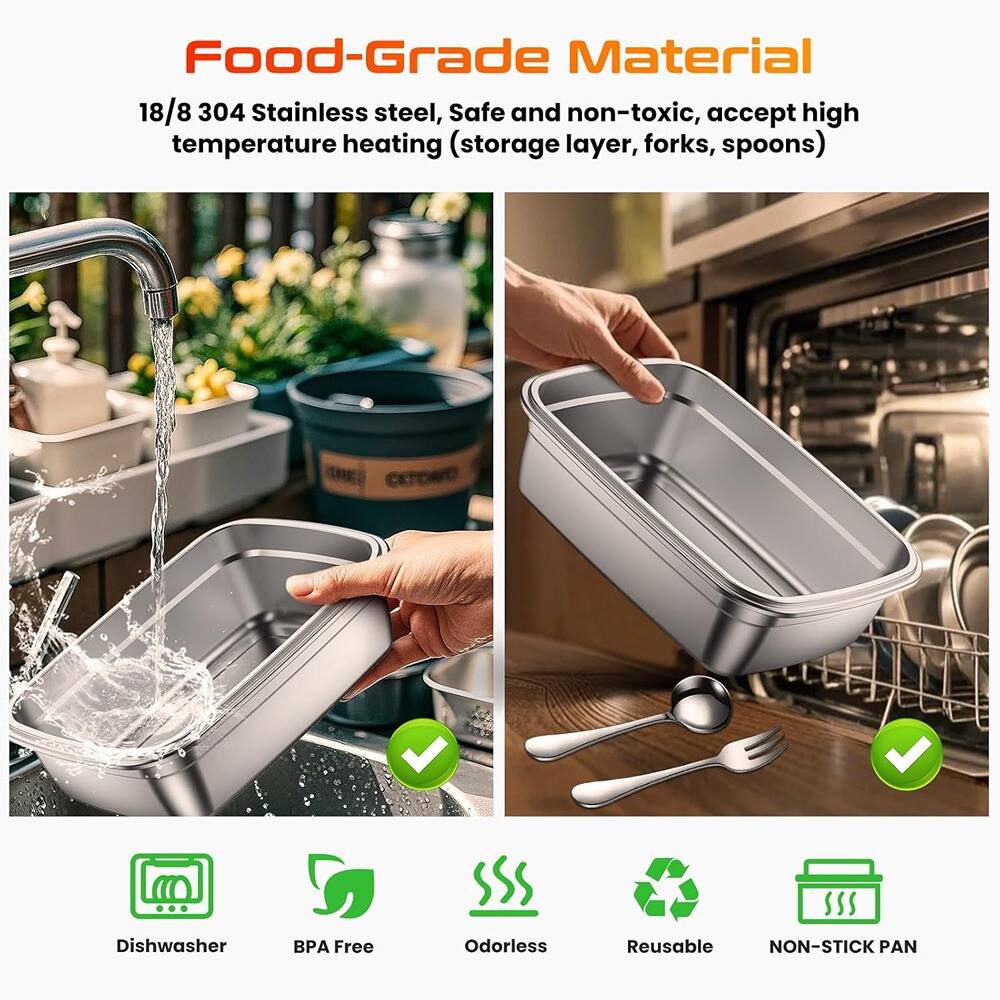 Food-Grade Material  
18/8 304 Stainless steel, Safe and non-toxic, accept high temperature heating (storage layer, forks, spoons)  

- Dishwasher  
- BPA Free  
- Odorless  
- Reusable  
- NON-STICK PAN
