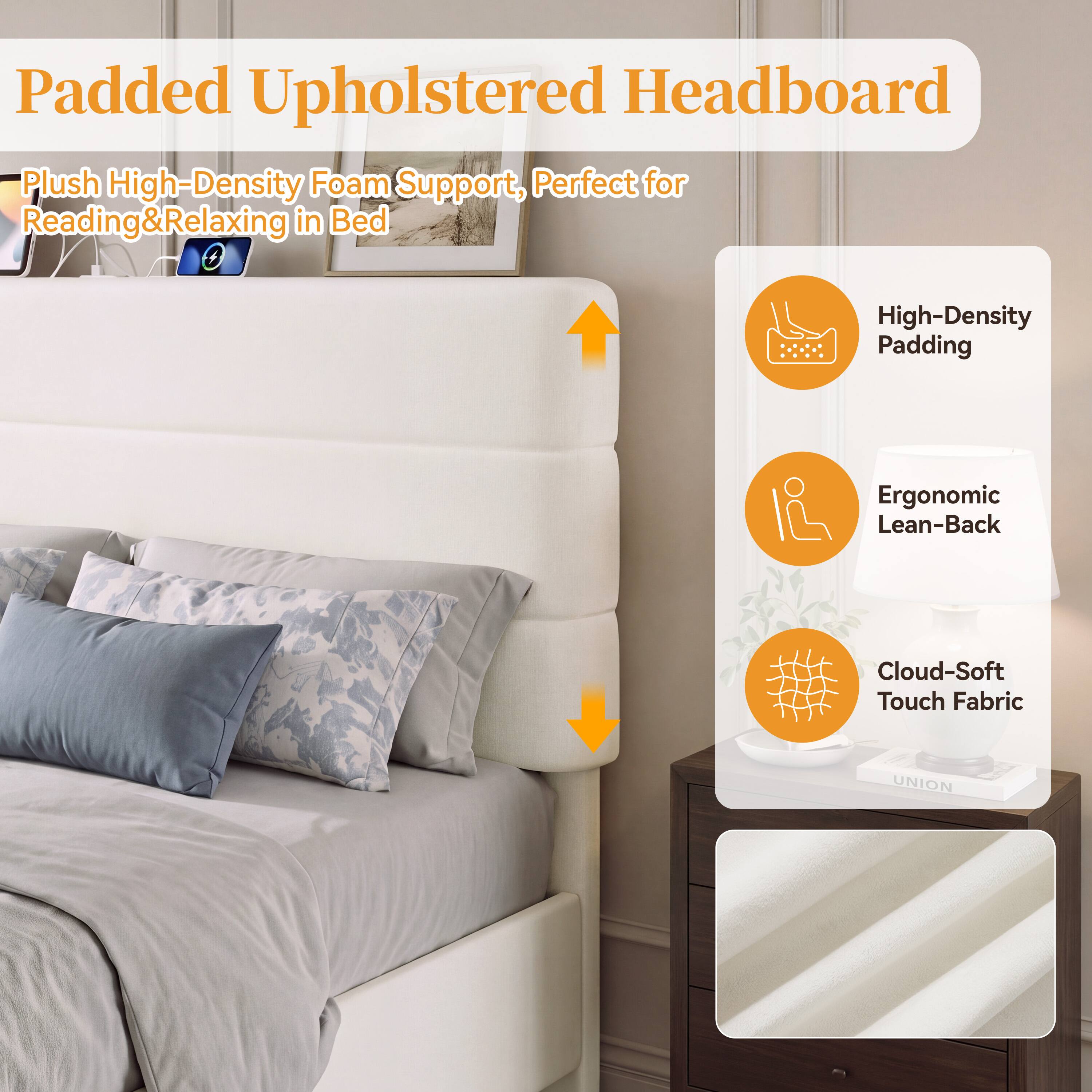 Vipbear Q/K Upholstered Bed Frame with USB/Type C Charging, Platform ...