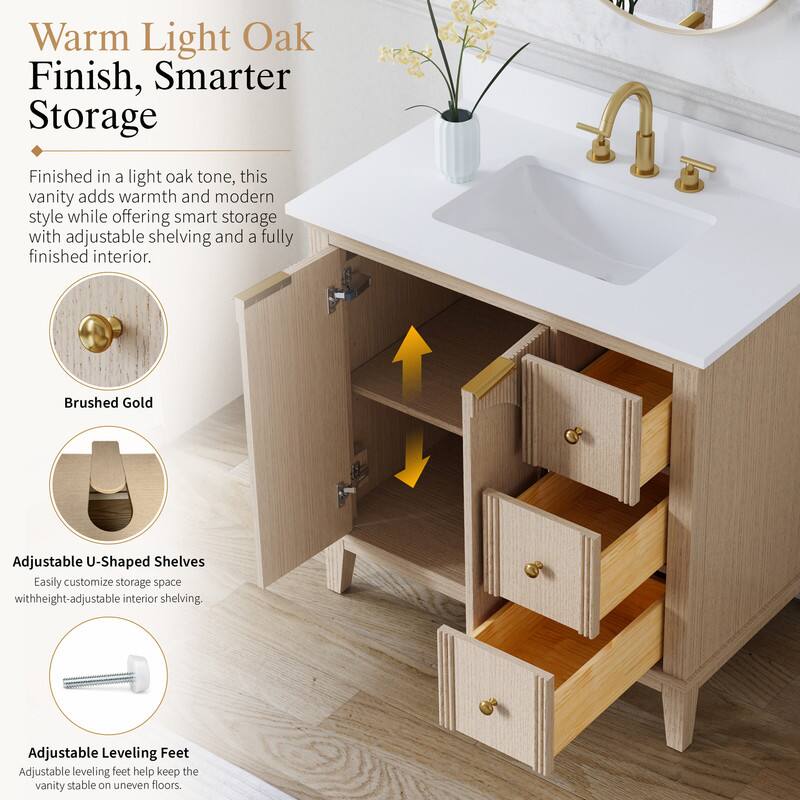 Warm Light Oak Finish, Smarter Storage

Finished in a light oak tone, this vanity adds warmth and modern style while offering smart storage with adjustable shelving and a fully finished interior.

Brushed Gold Adjustable U-Shaped Shelves
Easily customize storage space with height-adjustable interior shelving.

Adjustable Leveling Feet
Adjustable leveling feet help keep the vanity stable on uneven floors.