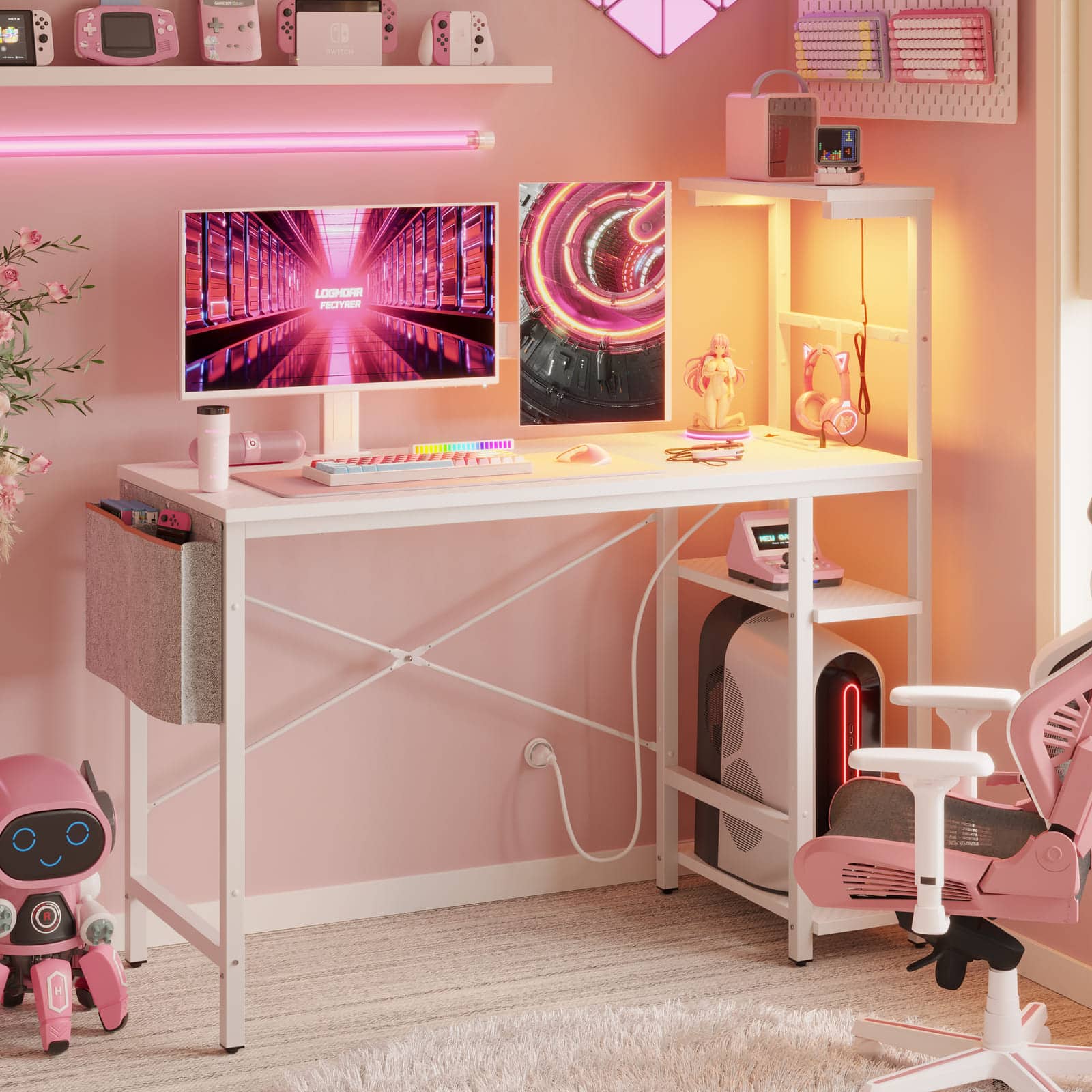 The text on the image reads: "Pink room with a desk, computer, keyboard, mouse, and monitor. A pink chair is also present. There is a pink teddy bear in the room. The room is decorated with pink items, including a pink computer desk and a pink computer chair."