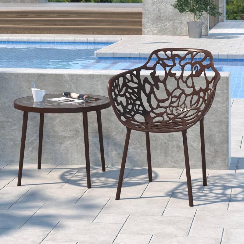 Angle. LeisureMod - Devon Stackable Aluminum Dining Chair with Floral Cutout Design Side Chair for Indoor Outdoor - Brown.