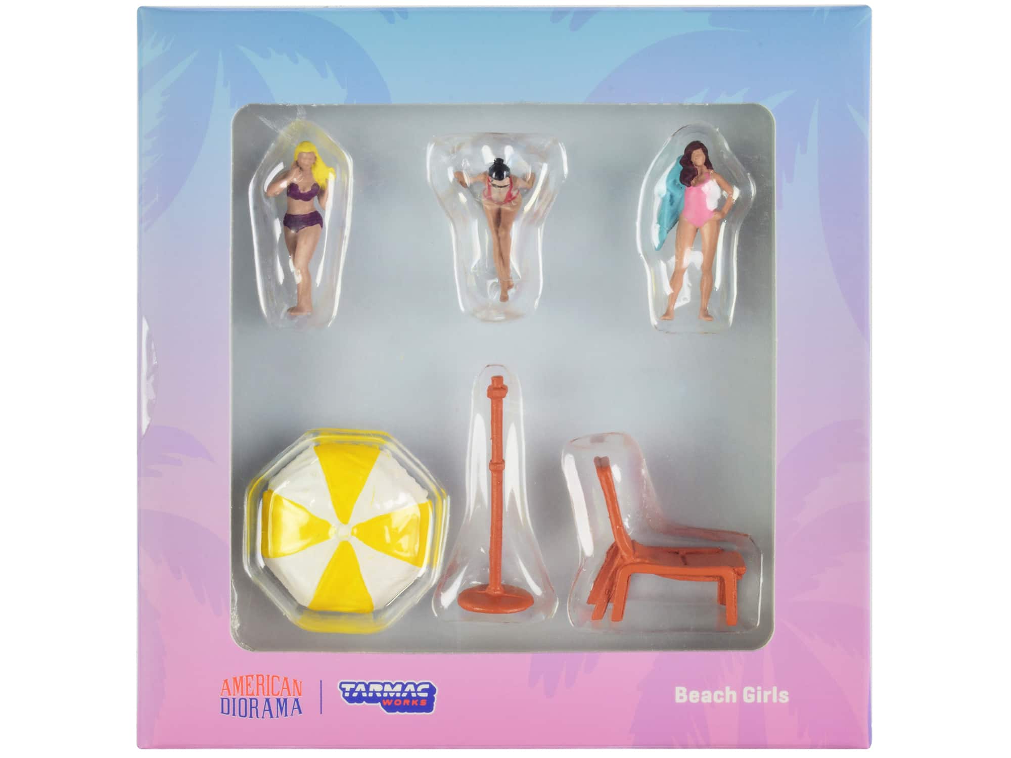 Tarmac Works - Beach Girls 5 piece Diecast Figure Set (3 Female Figures and 2 Beach Accessories) for 1/64 Scale Models - Multicolor