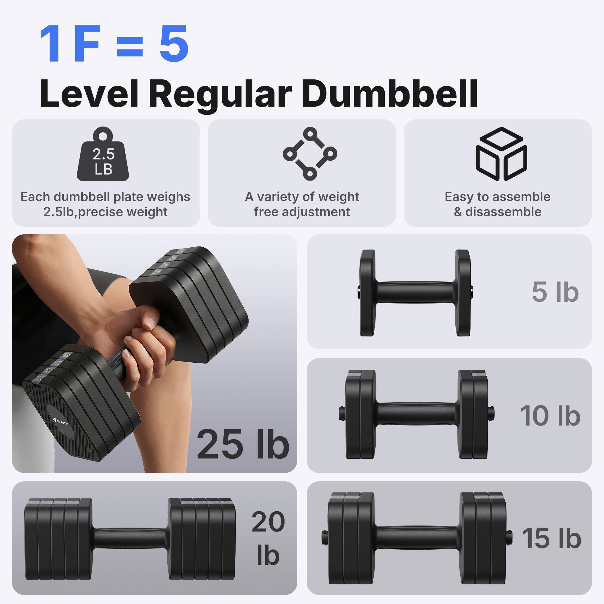 1F = 5 Level Regular Dumbbell

Each dumbbell plate weighs 2.5lb, precise weight

A variety of weight free adjustment

Easy to assemble & disassemble

5 lb

10 lb

15 lb

20 lb

25 lb