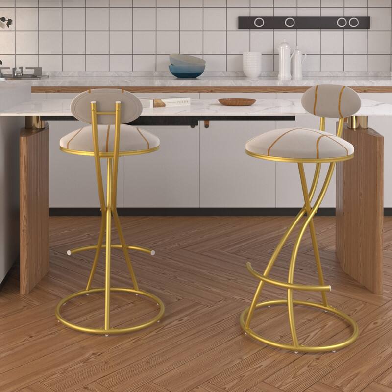 Alt View 2. HTUTWOO - Upholstered Bar Stools Set of 2, Striped Velvet Counter Height Barstools, for Kitchen Island & Living Room - Gold.