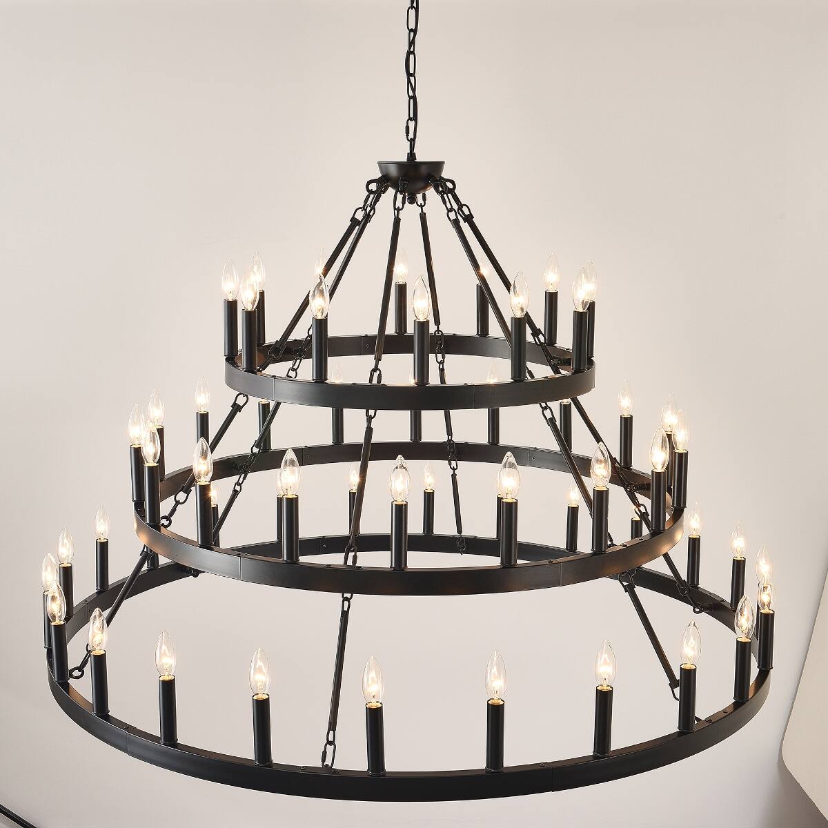 Alt View 1. Loheer - Loheer Three Tier Farmhouse Chandelier, Black Metal Wagon Wheel Design for High Ceilings.