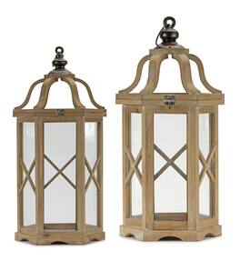 BreeBe - Natural Wood Hexagon Lantern with Curved Top (Set of 2) - Brown, Black