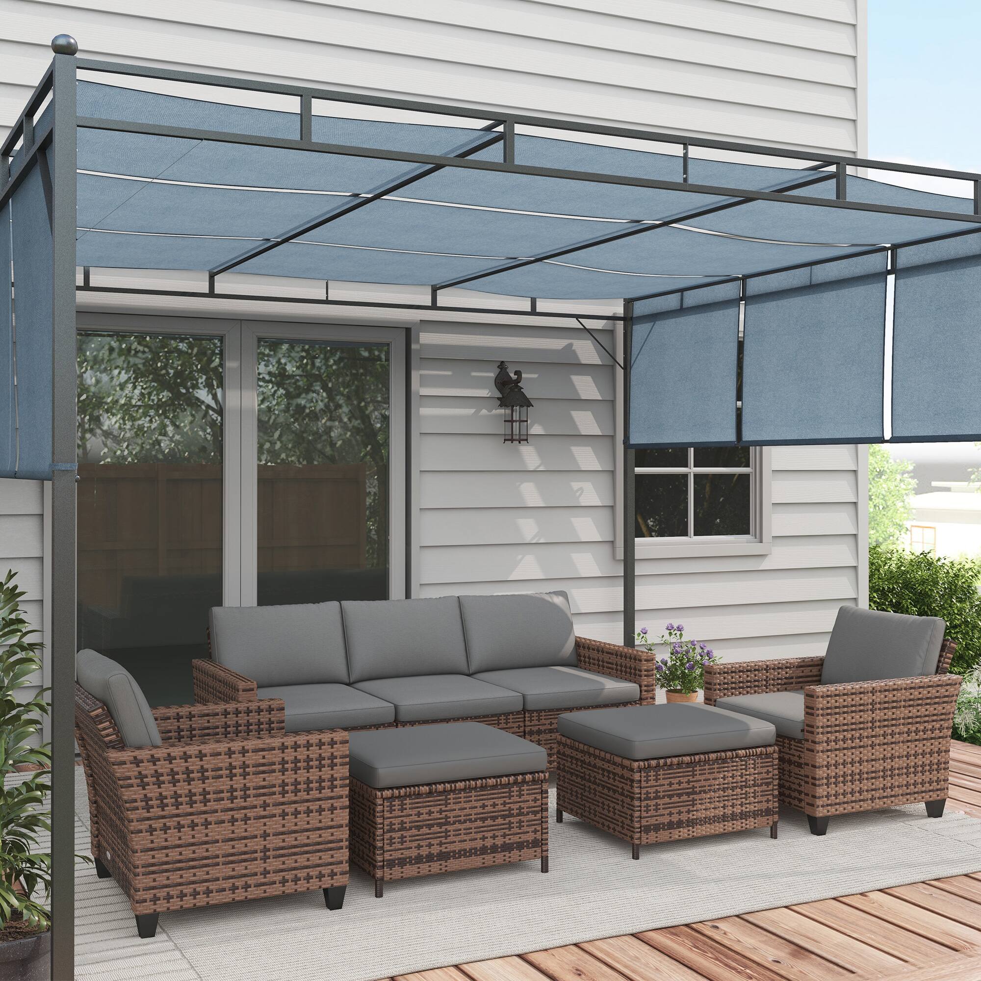 Alt View 1. Outsunny - 5 Piece Patio Furniture Set with Cushions, Outdoor Conversation Set with Rattan 3-Seater Sofa, Chairs & Footstools - Mixed-brown.