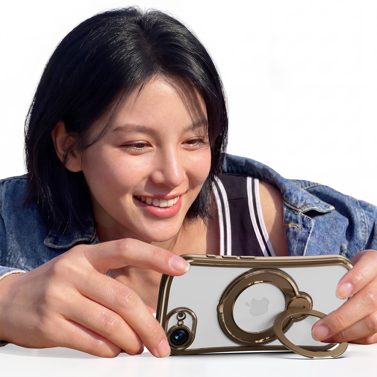 Alt View 4. Dteck - Magnetic Case for Apple iPhone 17e with 360 Ring Stand and Strap, Shockproof TPU Phone Cover Built-in Lens Protector - Gold.