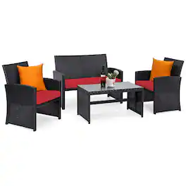 Costway - 4PCS Patio Rattan Furniture Conversation Set Cushion Sofa Table Garden - Red