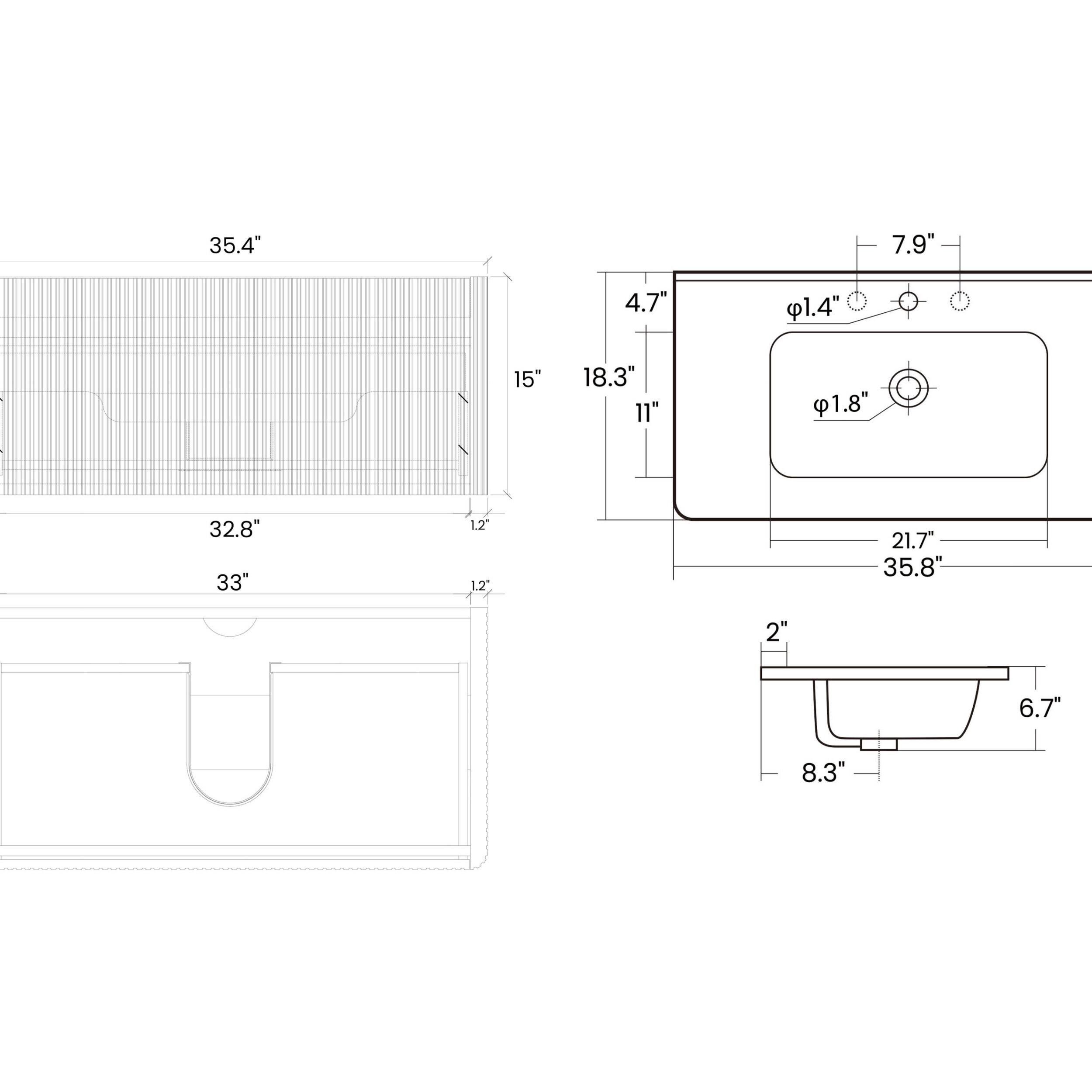 Here is the corrected and grouped text from the image:

- **Top Section:**
  - 35.4"
  - 15"
  - 32.8"
  - 33"
  - 1.2"

- **Middle Section:**
  - 18.3"
  - 11"
  - 35.8"
  - 21.7"
  - 2"
  - 6.7"
  - 8.3"

- **Bottom Section:**
  - 4.7"
  - 7.9"
  - 1.4"
  - 1.8"