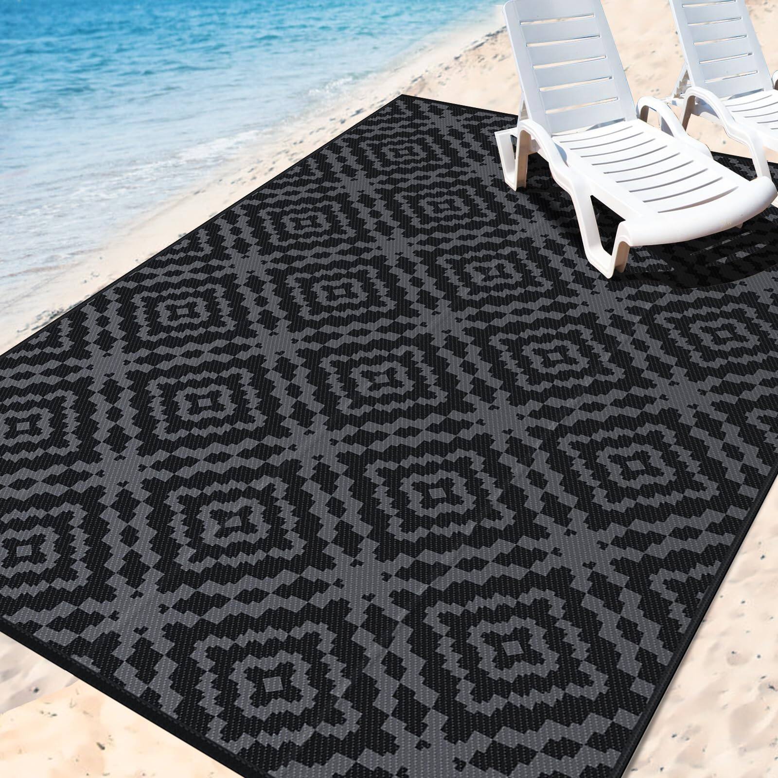 Cedar Assembly - Outdoor Camping Rug Waterproof Reversible Stain & Uv Resistant Plastic Straw Rv For Outside Patio Porch Poo - Black & Grey Rhombus-5" x 8" (Rectangular)