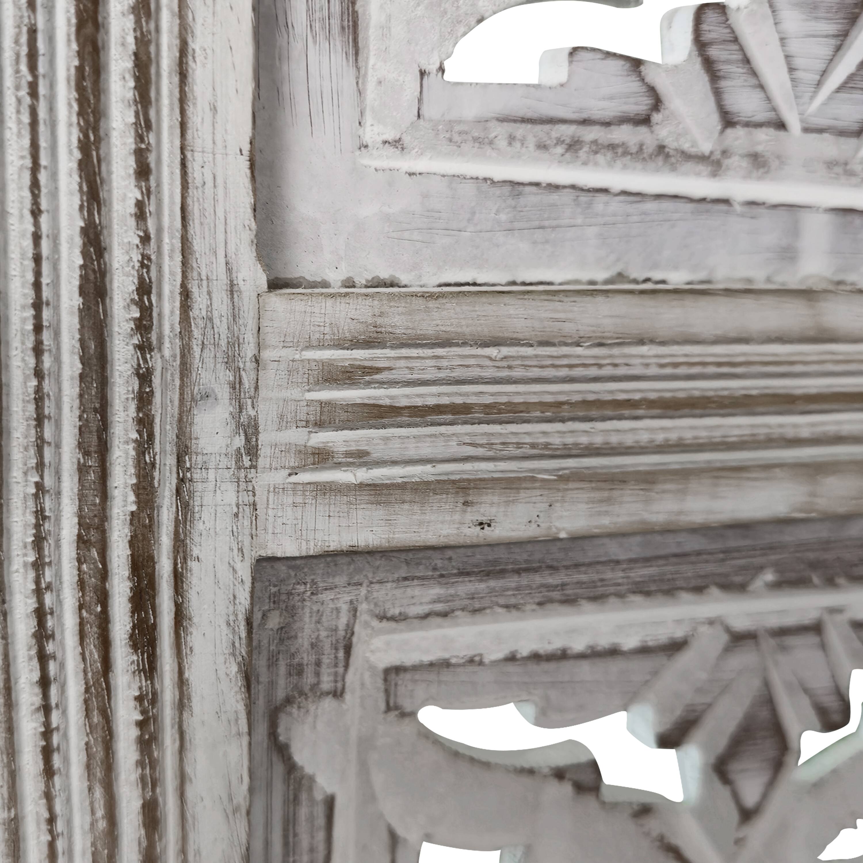 Alt View 4. Manhattan Lane - Taj 4 Panel Folding Room Divider Screen, Antique White Mango Wood, Floral Carved Design - White.