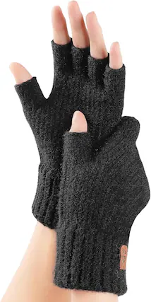 Front. Cozy Serene - Pleneal Winter Fingerless Gloves for Women Men - Women's Winter Glove, Warm Knit Gloves for Cold - Black.