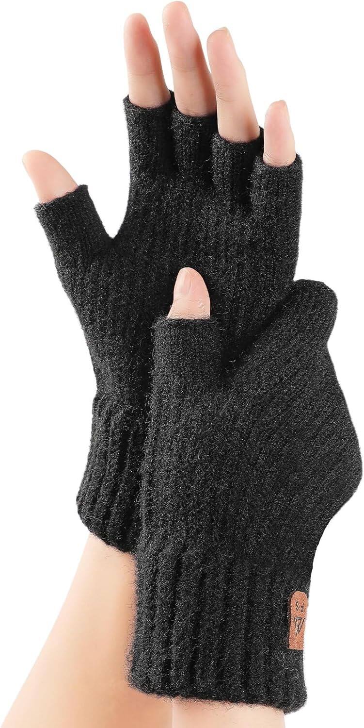 Front. Cozy Serene - Pleneal Winter Fingerless Gloves for Women Men - Women's Winter Glove, Warm Knit Gloves for Cold - Black.