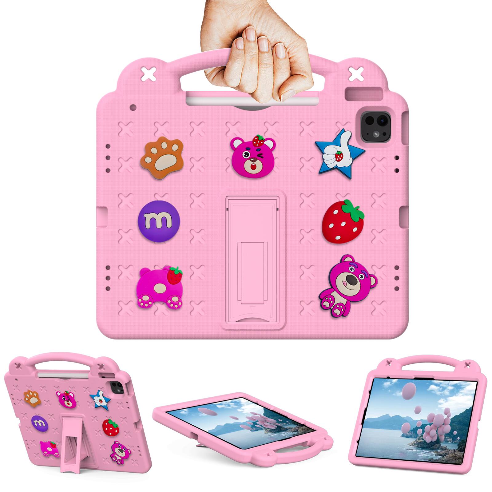 Angle. Dteck - For iPad Air 13'' (M4)2026/(M3)/ (M2)& iPad Pro 13'' (M5)2025/(M4)2024 Cartoon Kid Case Kickstand Handle Grip Shockproof - Pink.