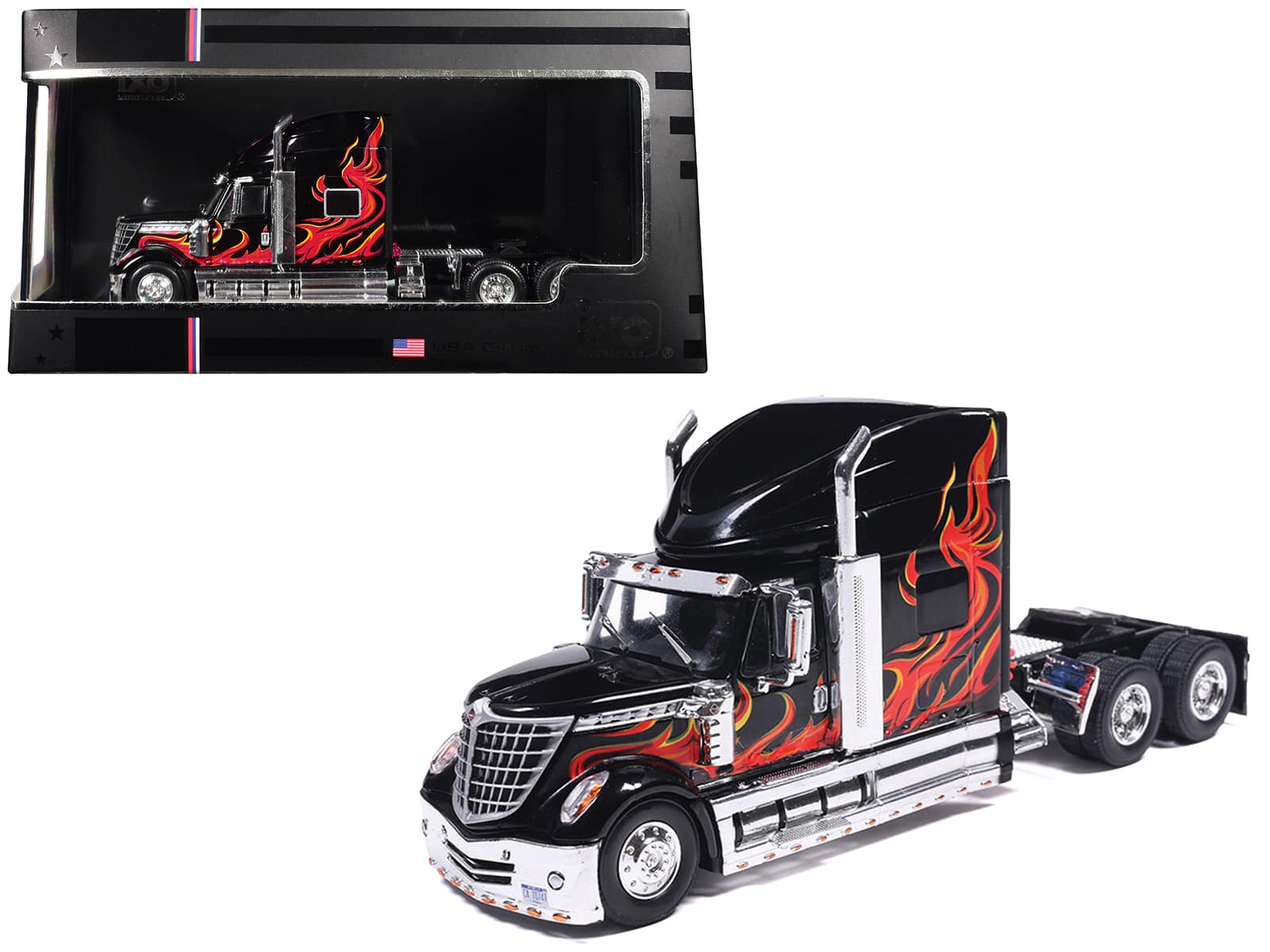 2010 International Lonestar Truck Tractor with Flame Graphics 1/64 Diecast Model by IXO Models - Black