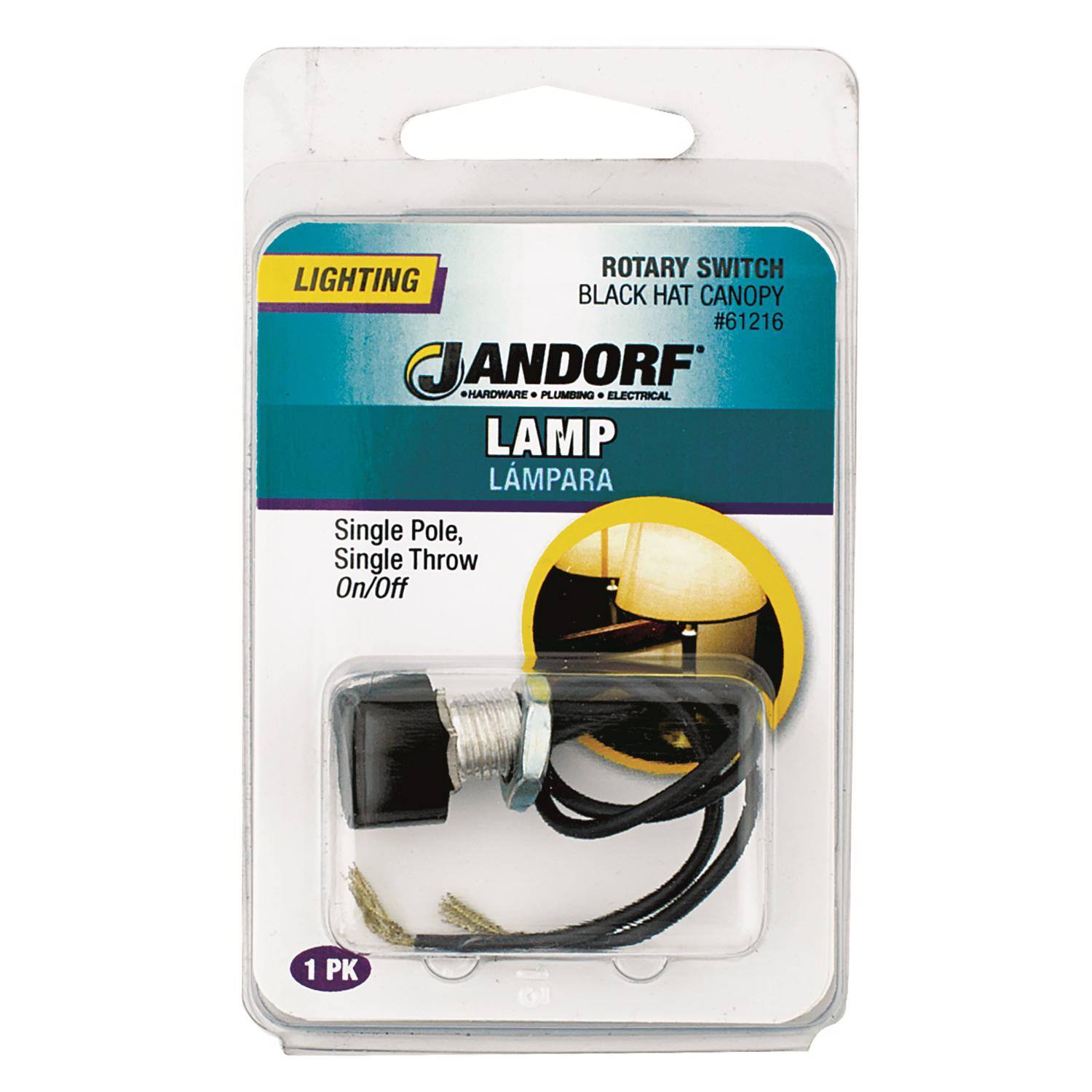 ROTARY SWITCH LIGHTING BLACK HAT CANOPY #61216  
JANDORF HARDWARE  
PLUMBING ELECTRICAL  
LAMP LAMPARA  
Single Pole, Single Throw On/Off  
1 PK