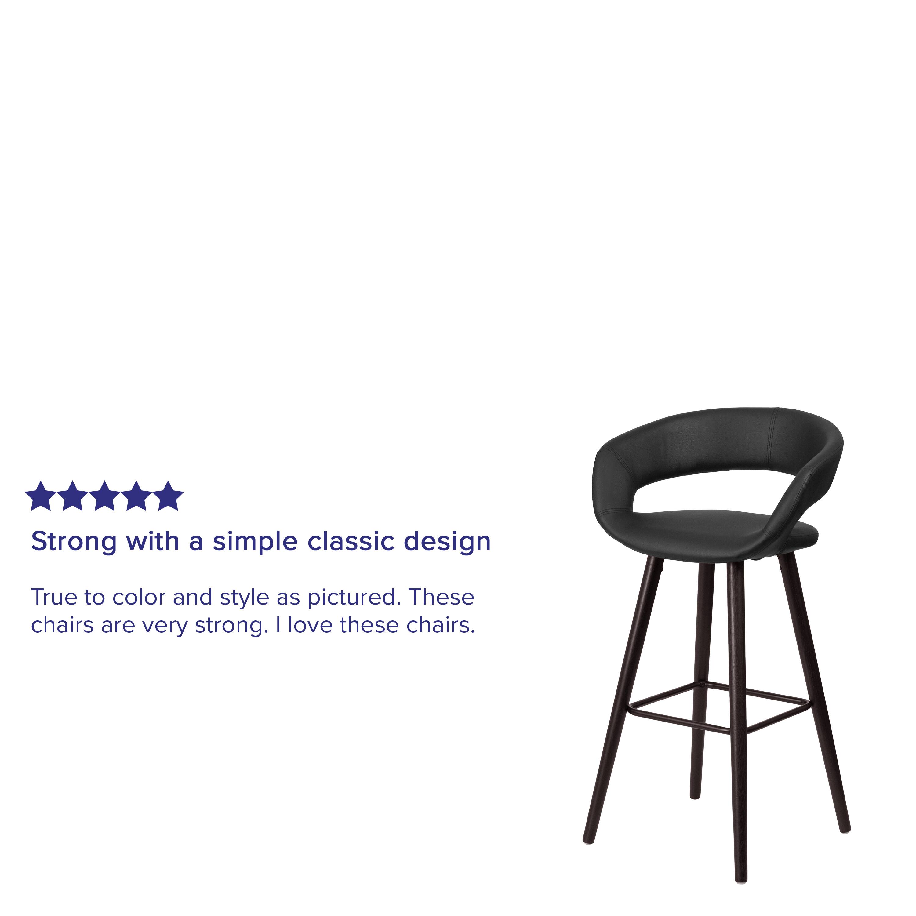Strong with a simple classic design  
True to color and style as pictured. These chairs are very strong. I love these chairs.