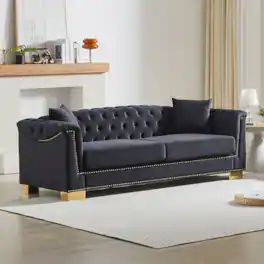 Trinkets Crazed - 84" Chesterfield Classic 3 Seater,Mid Century Modern Velvet Cloud Loveseat Sofa Couch With Roll Arm Nailhead Trim - Black