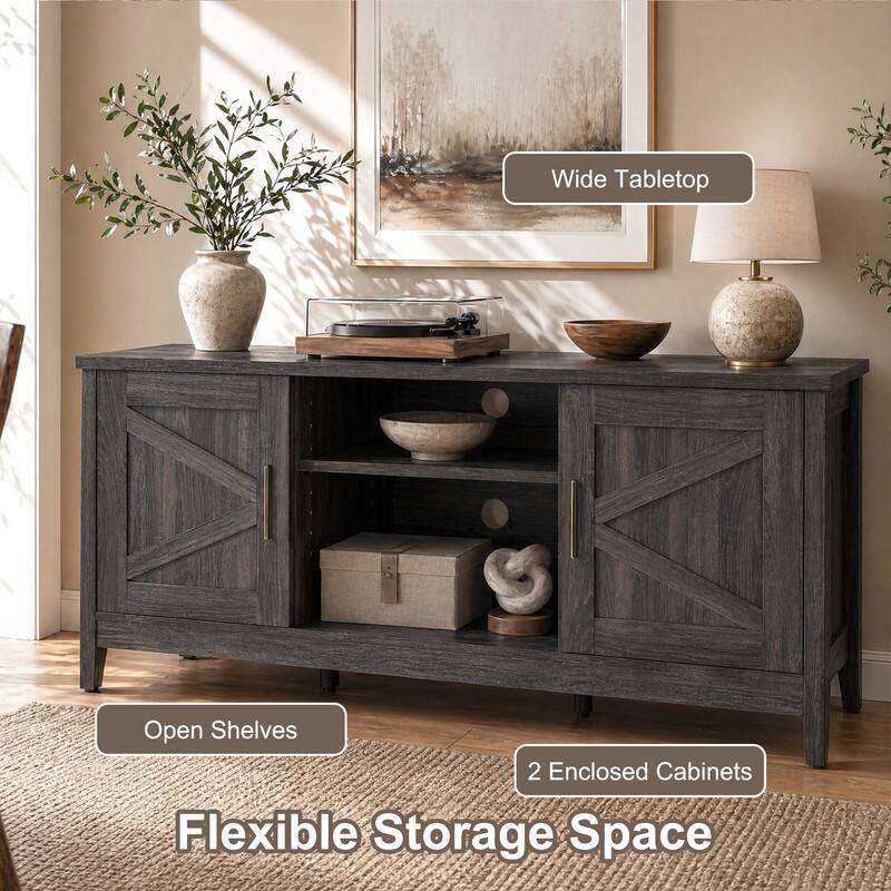 Wide Tabletop  
Open Shelves  
2 Enclosed Cabinets  
Flexible Storage Space
