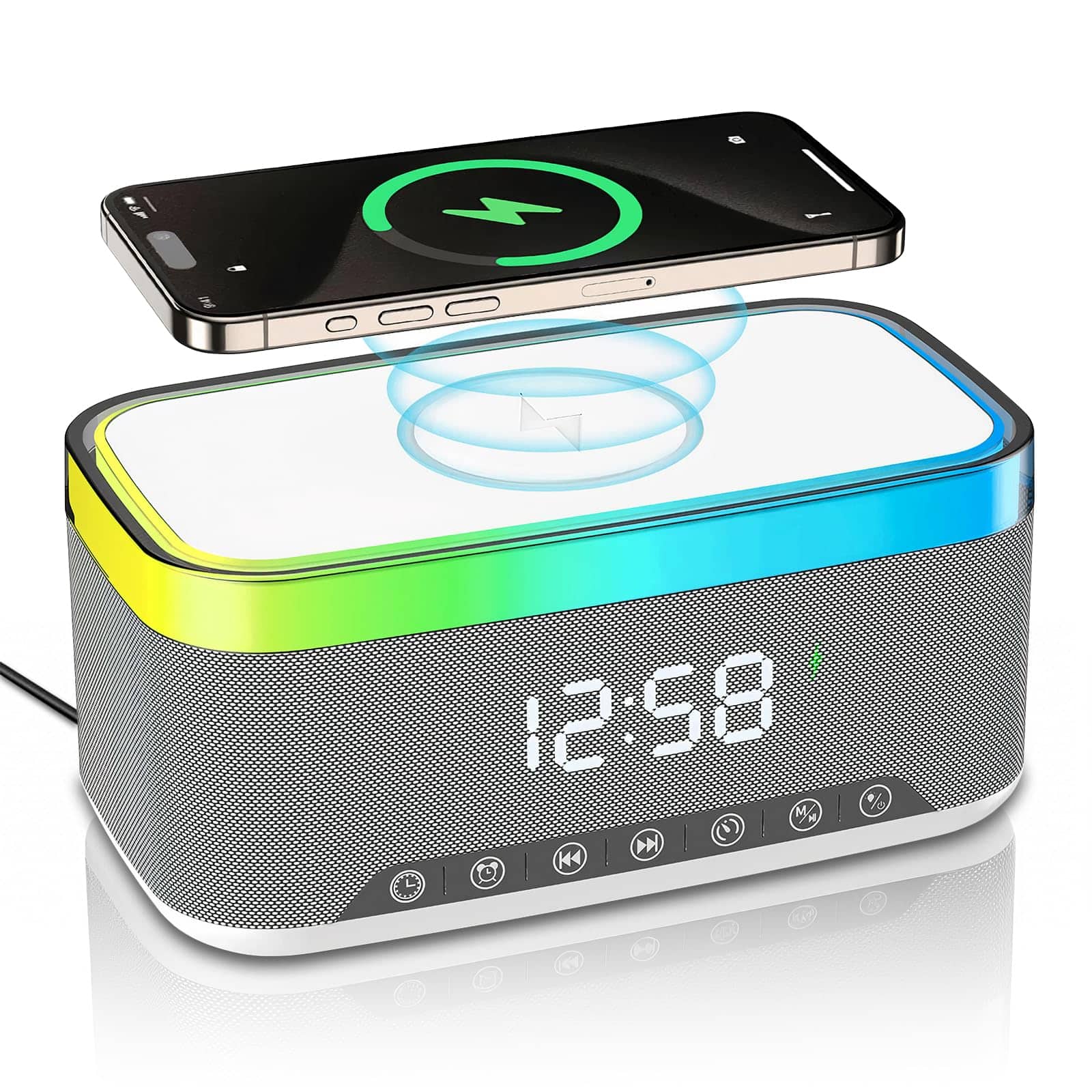 Dazzed Corner - Digital Alarm Clock, Bluetooth Speaker with Wireless Charger - White