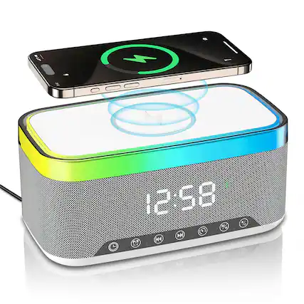 Front. Dazzed Corner - Digital Alarm Clock, Bluetooth Speaker with Wireless Charger - White.