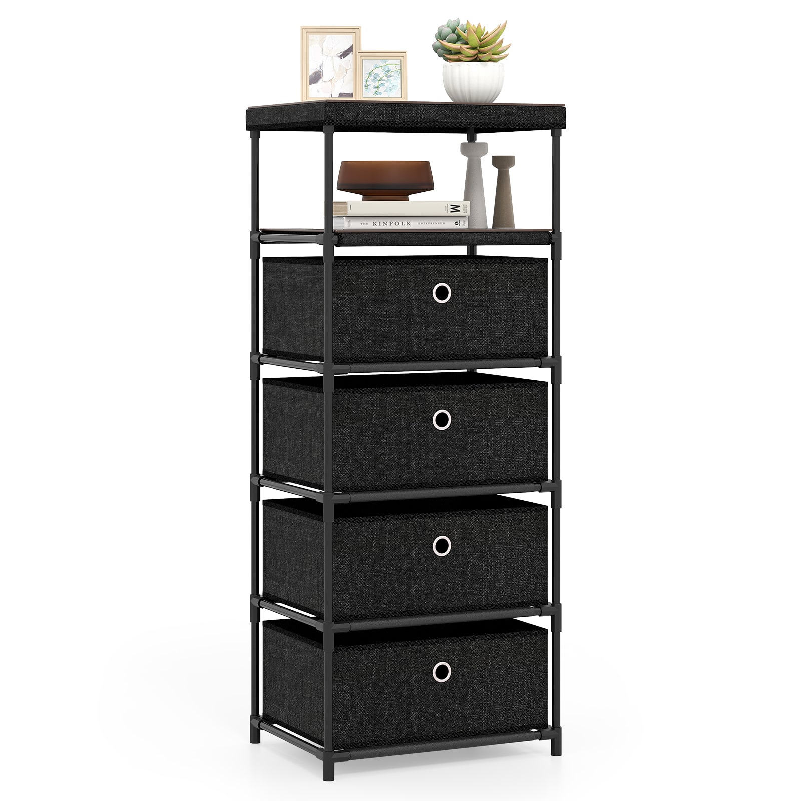 Gymax - 4-Drawer Dresser w/ Shelf w/ Fabric Bins Industrial Storage Tower Unit - Black