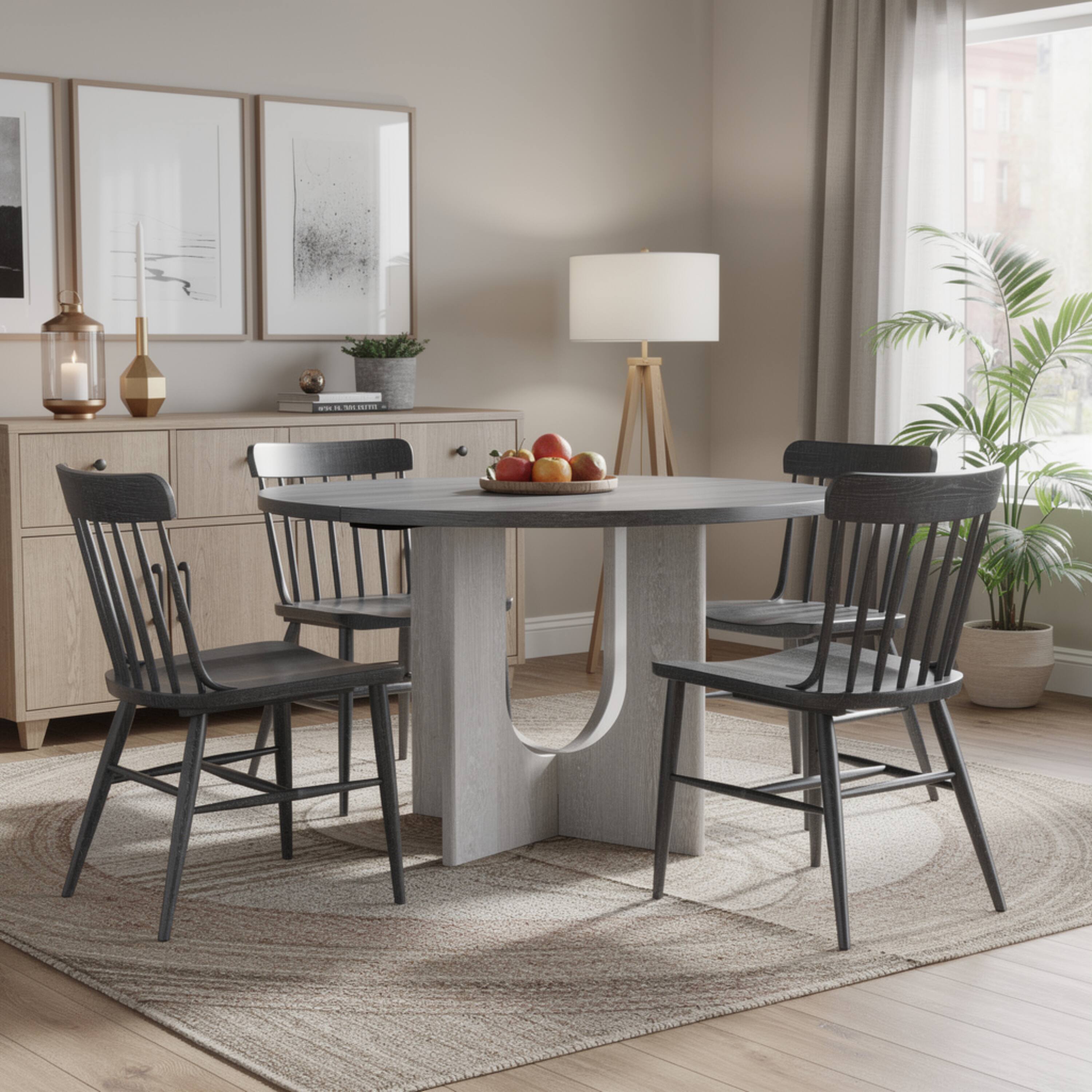 Alt View 5. Manhattan Lane - Kysa Dining Table, 47 Inch  Round Top, Cross U Pedestal Base - Gray, White.