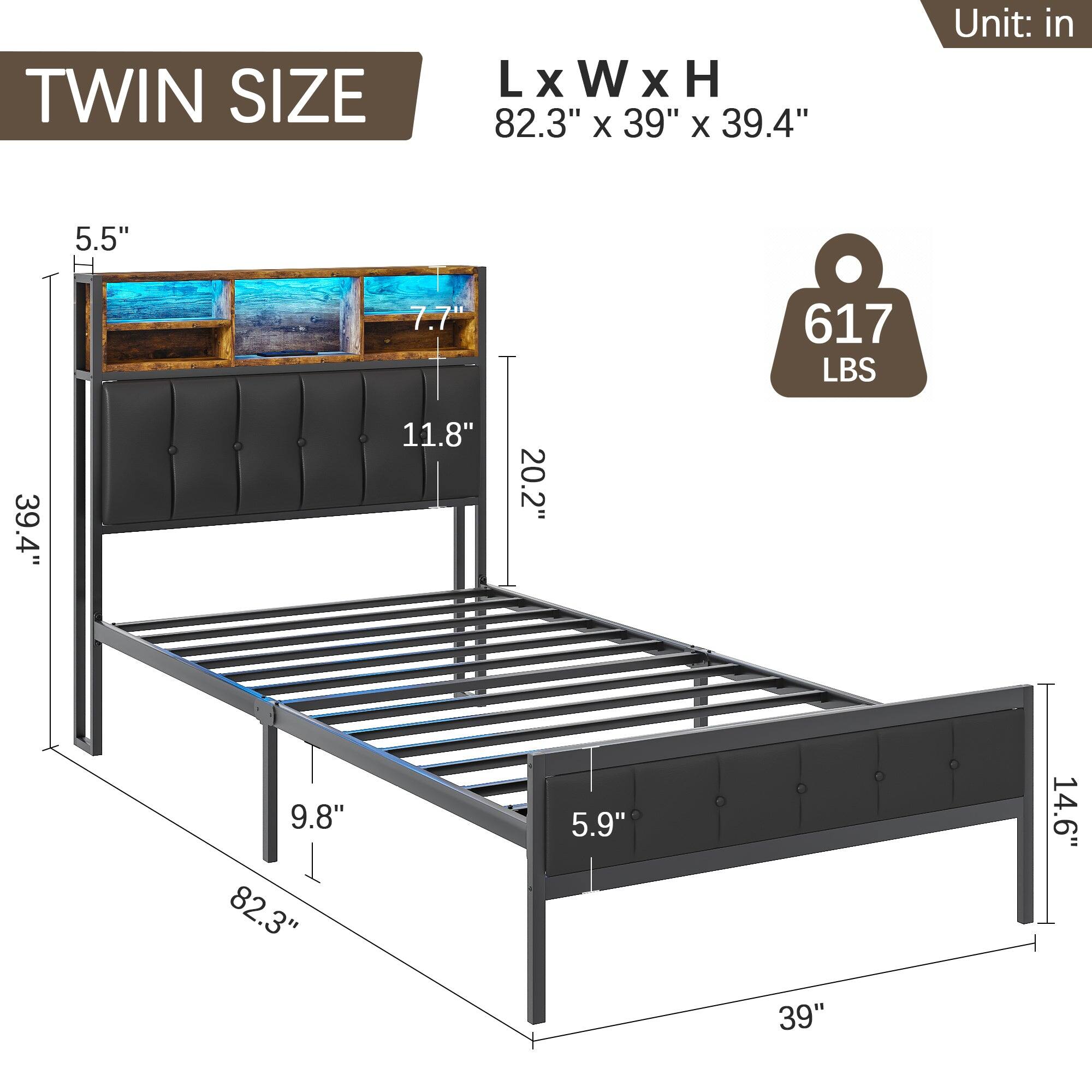 TWIN SIZE  
L x W x H  
82.3" x 39" x 39.4"  
Unit: in  

5.5"  
7.7"  
11.8"  
20.2"  
9.8"  
5.9"  
14.6"  

617 LBS